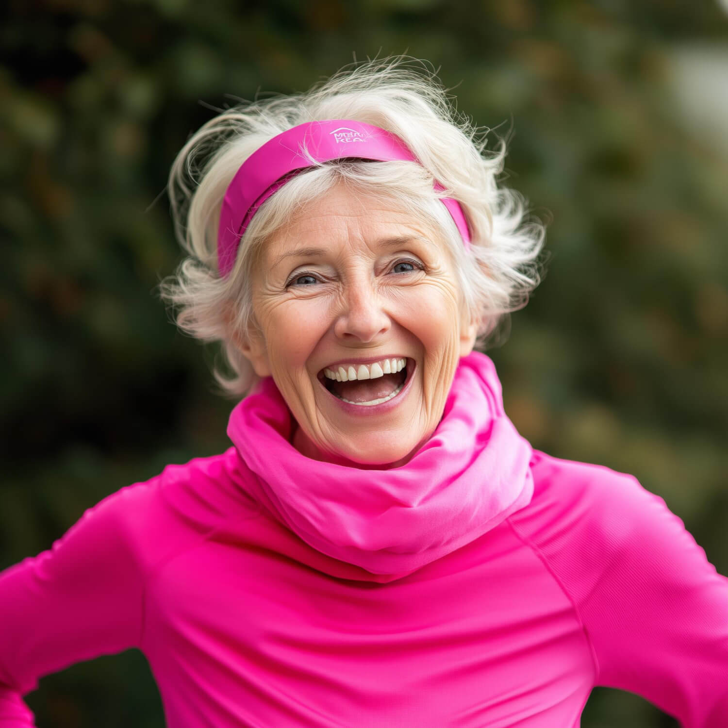Happy senior woman in bright pink activewear and headband smiling outdoors, representing healthy aging and active lifestyle