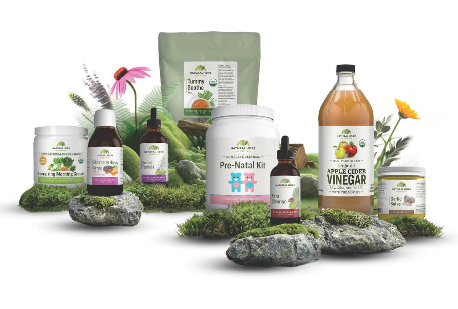 Assorted Nature’s Health Harmony supplements, including vitamins, minerals, and probiotics, displayed on a neutral background for holistic wellness support.
