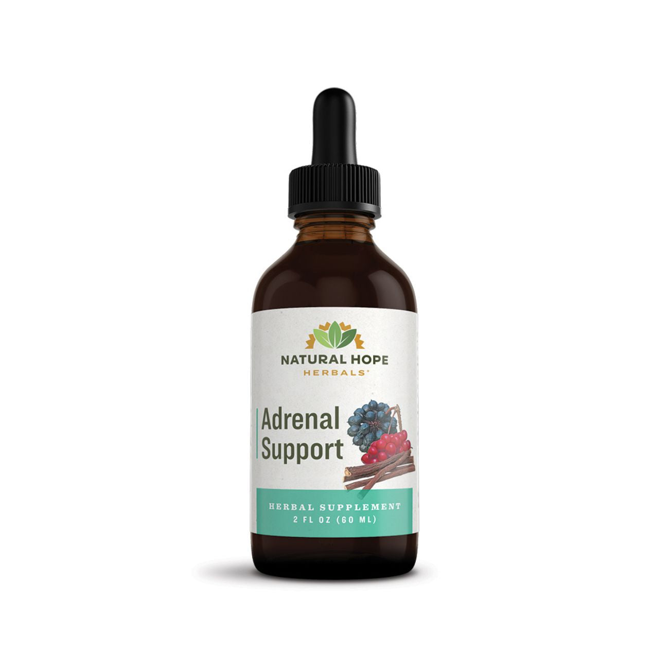 Natural Hope Herbals Adrenal Support herbal supplement in 2 fl oz (60 ml) dropper bottle, featuring natural ingredients for adrenal health support.