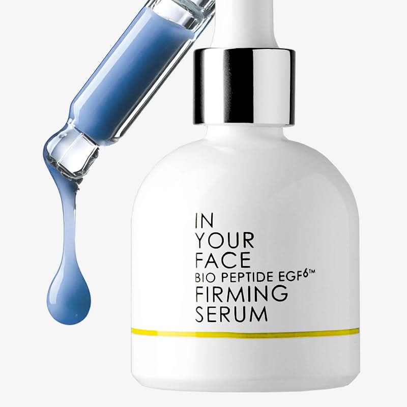 In Your Face Bio Peptide EGF-6 Firming Serum bottle with blue serum dropper – firming anti-aging skincare