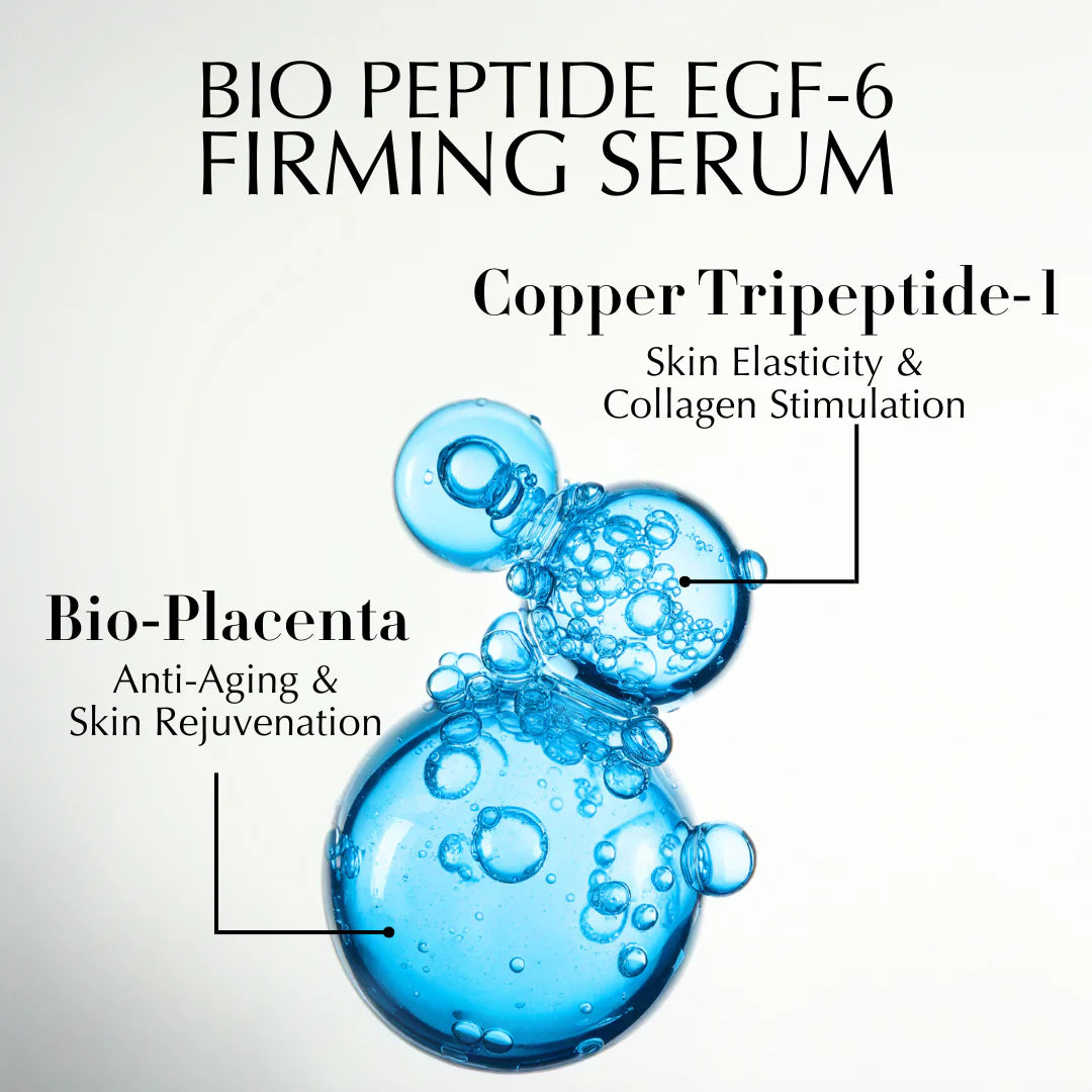 Bio Peptide EGF-6 Firming Serum ingredients – Copper Tripeptide-1 for collagen stimulation and Bio-Placenta for skin rejuvenation