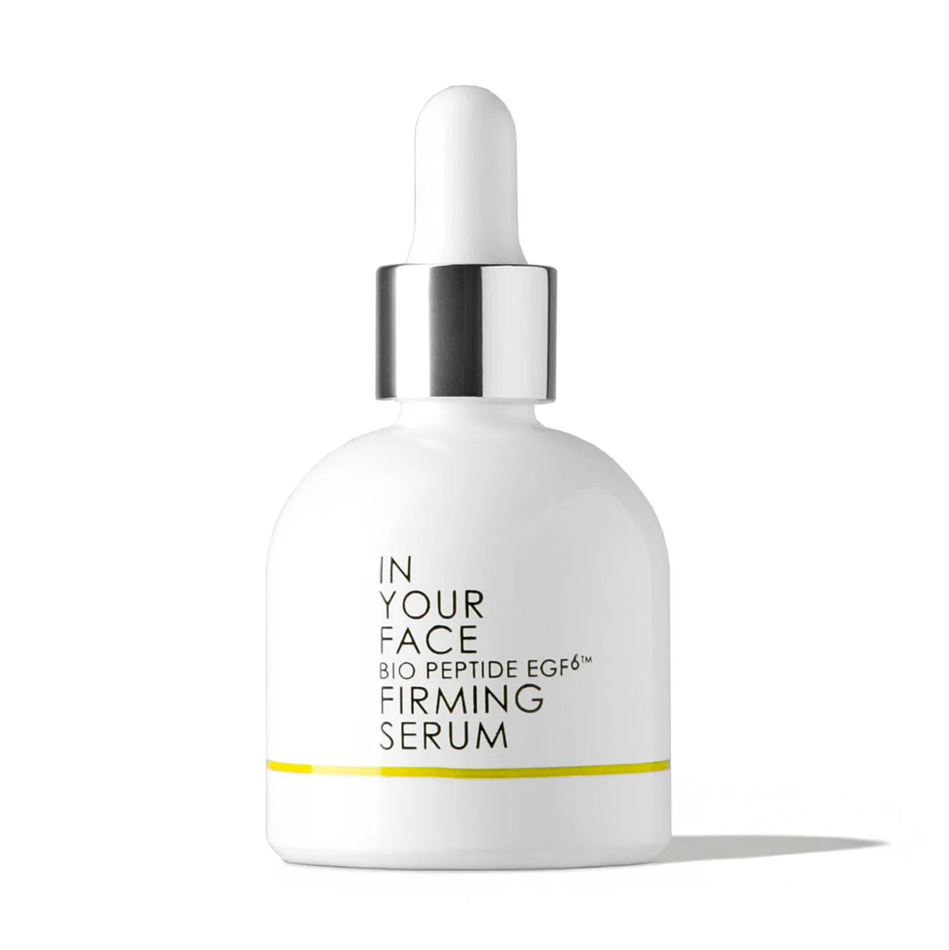 A white dropper bottle of firming serum with black and yellow label text reading 'IN YOUR FACE BIO PEPTIDE EGF6 FIRMING SERUM'.