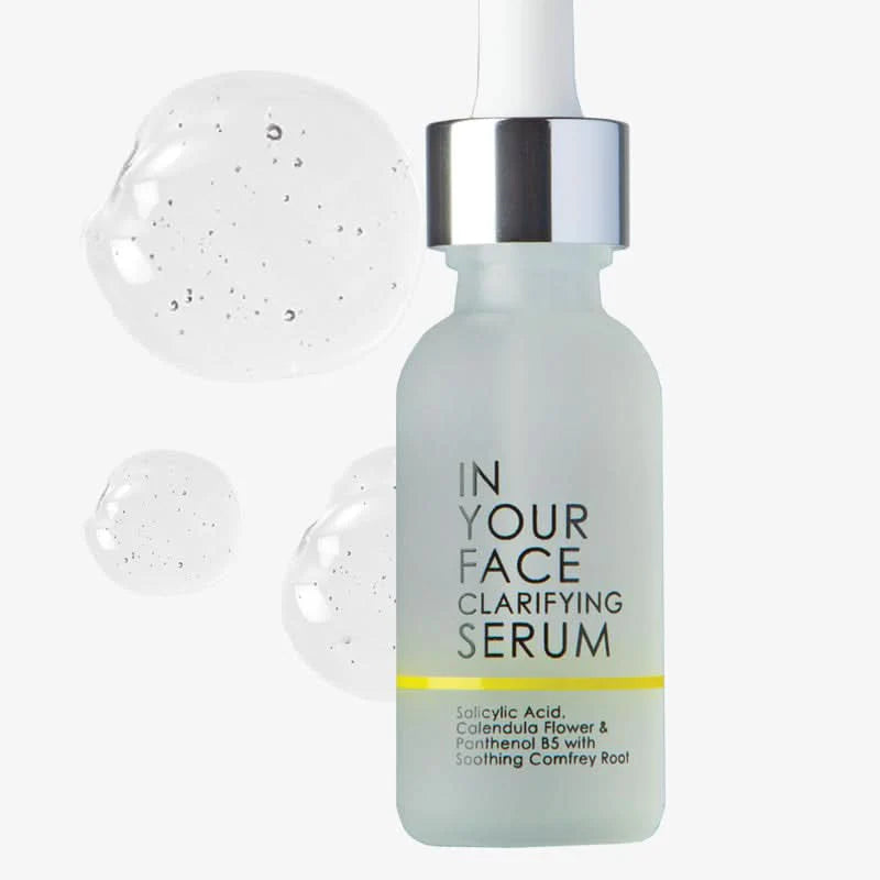 In Your Face Clarifying Serum bottle with gel texture bubbles – lightweight acne serum with salicylic acid and calendula