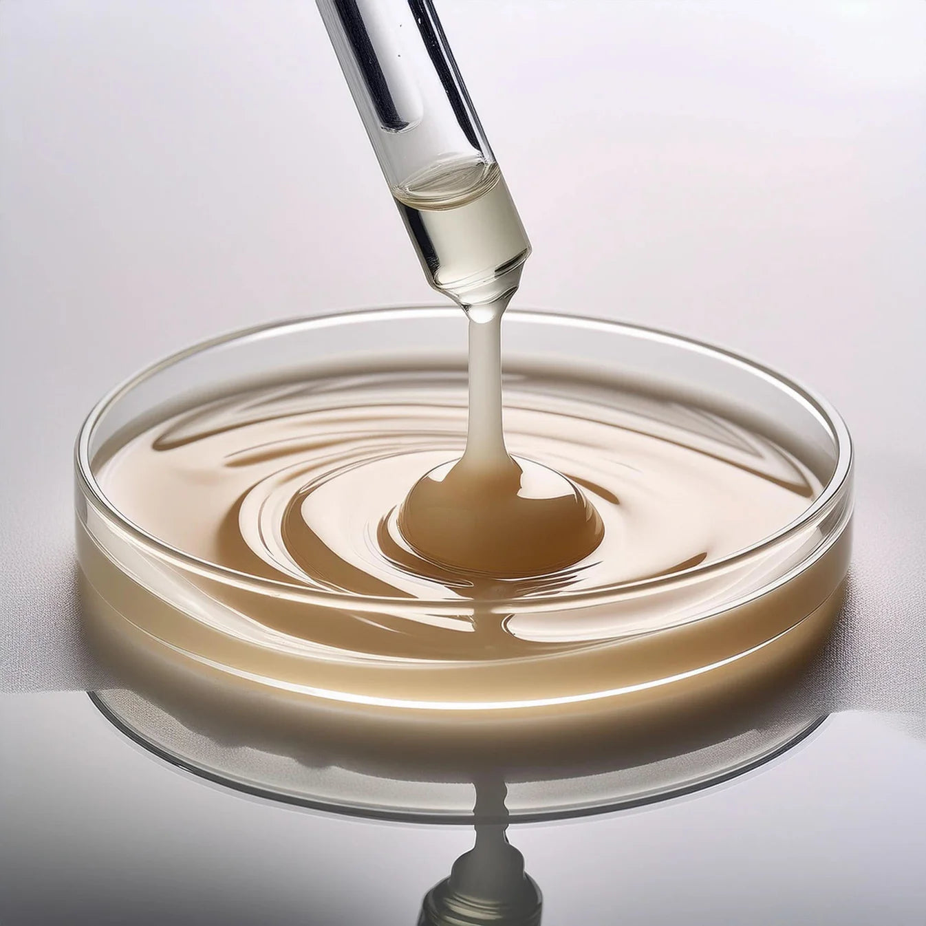 Dropper dispensing liquid into a petri dish on a white background