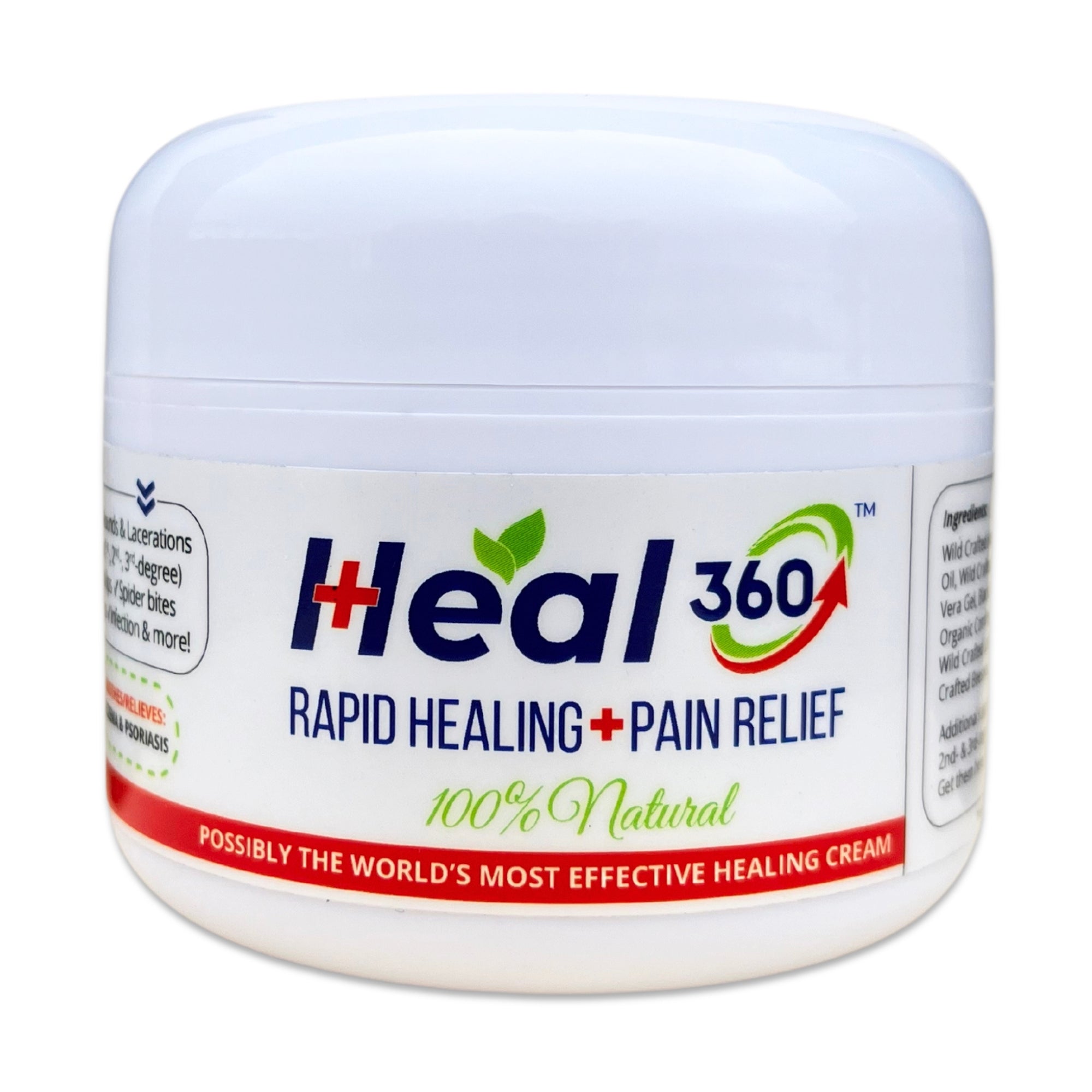 Heal 360 Rapid Healing + Pain Relief cream in 7 oz container, made with natural ingredients for effective healing of cuts, burns, and skin irritation.