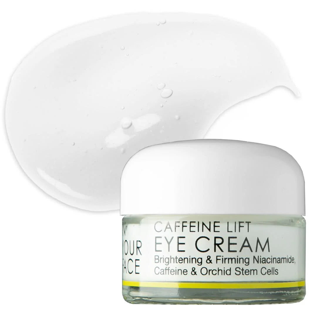 Caffeine Lift Eye Cream with niacinamide, caffeine and orchid stem cells – brightening and firming skincare texture and jar