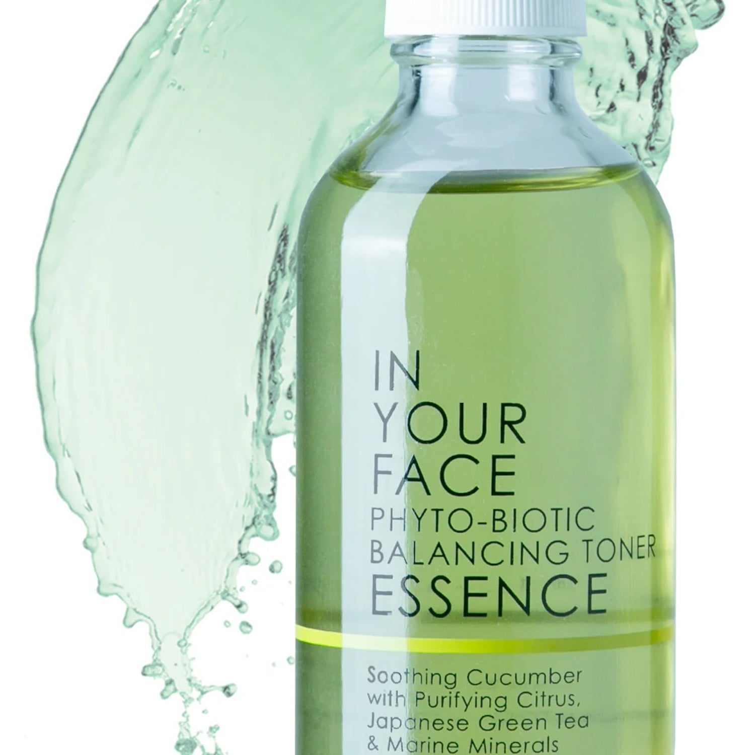 Image of In Your Face Phyto-Biotic Balancing Toner Essence, an alcohol-free skincare solution with cucumber, citrus, green tea, and marine minerals for refreshed and healthy skin.