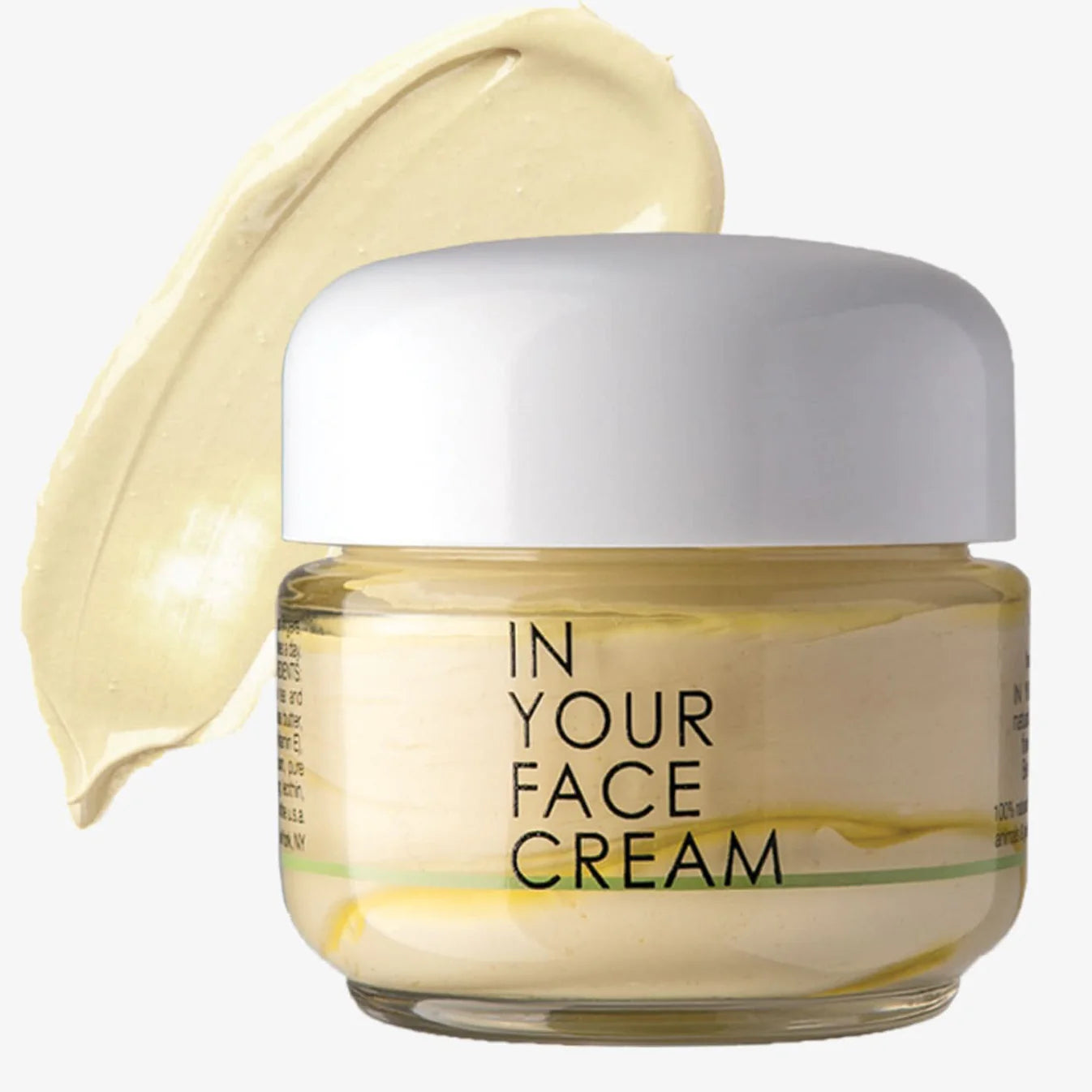 In Your Face Cream in a glass jar, a luxurious moisturizer that hydrates and nourishes the skin with natural extracts.