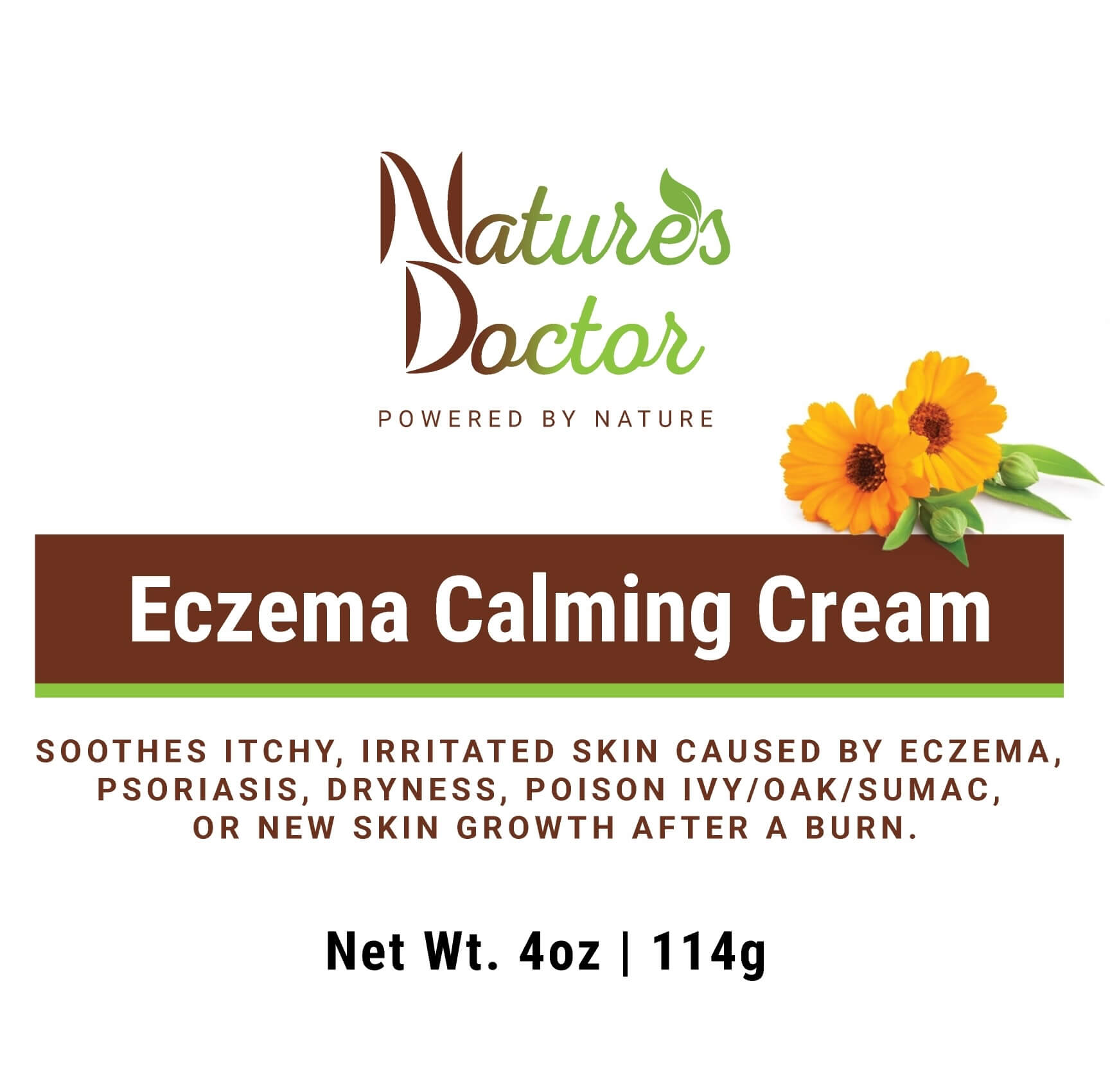 Packaging for Eczema Calming Cream by Nature's Doctor, detailing the product's benefits for soothing itchy skin and new skin growth after a burn, with a net weight of 4oz (114g).