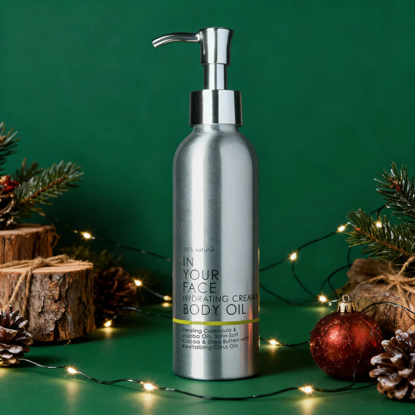 Silver body oil bottle with pump on a green background with festive decorations