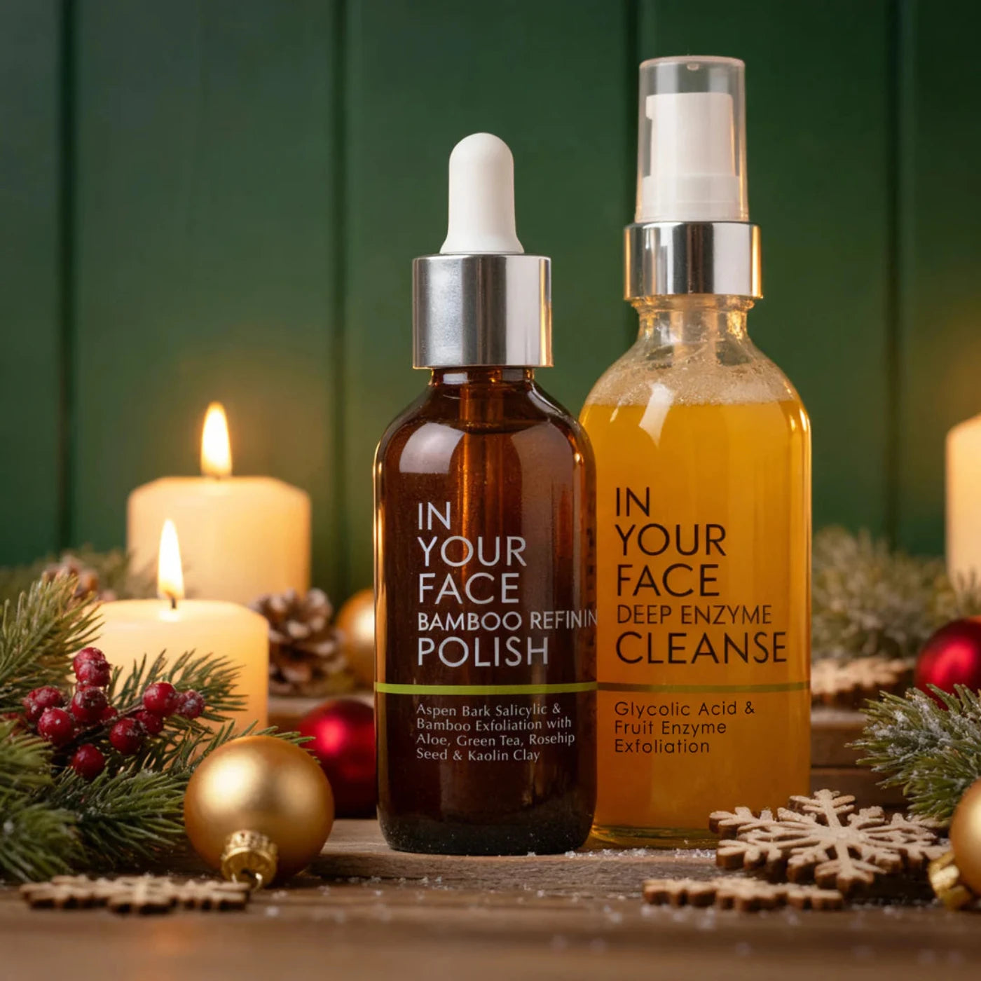 Two skincare bottles labeled 'In Your Face' with Christmas decorations in the background.