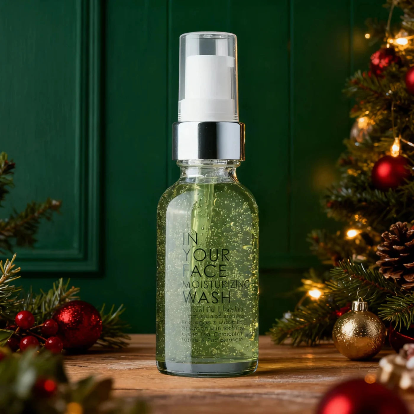 Bottle of 'In Your Face' moisturizing wash with Christmas decorations in the background
