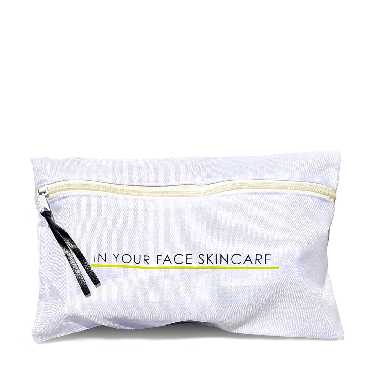 White pouch with yellow zipper and 'In Your Face Skincare' text on a white background