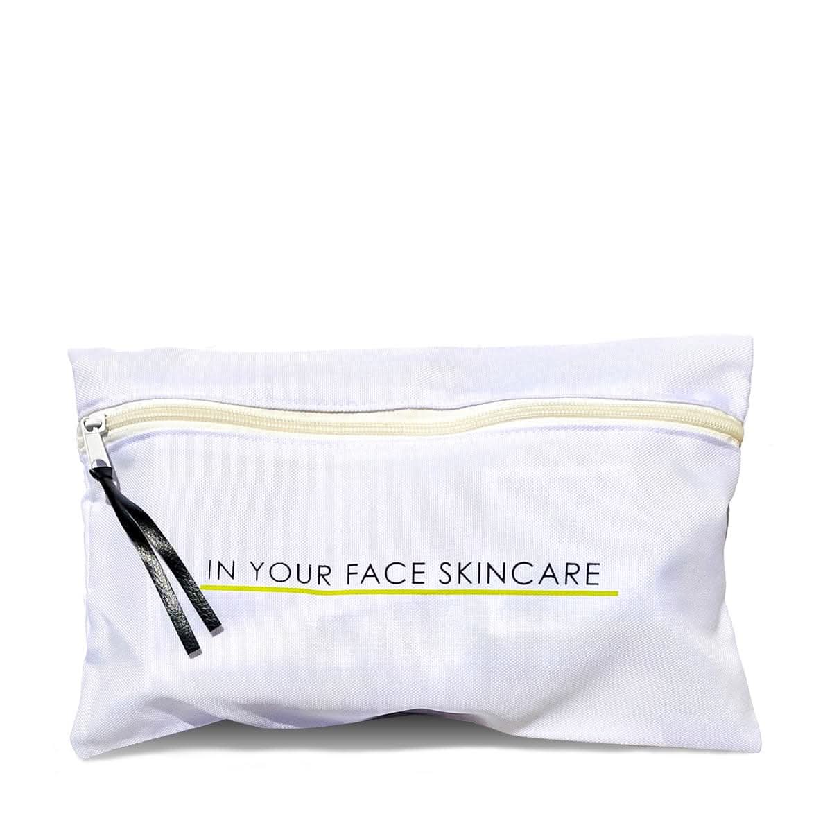 White pouch with a zipper and 'In Your Face Skincare' text on a white background
