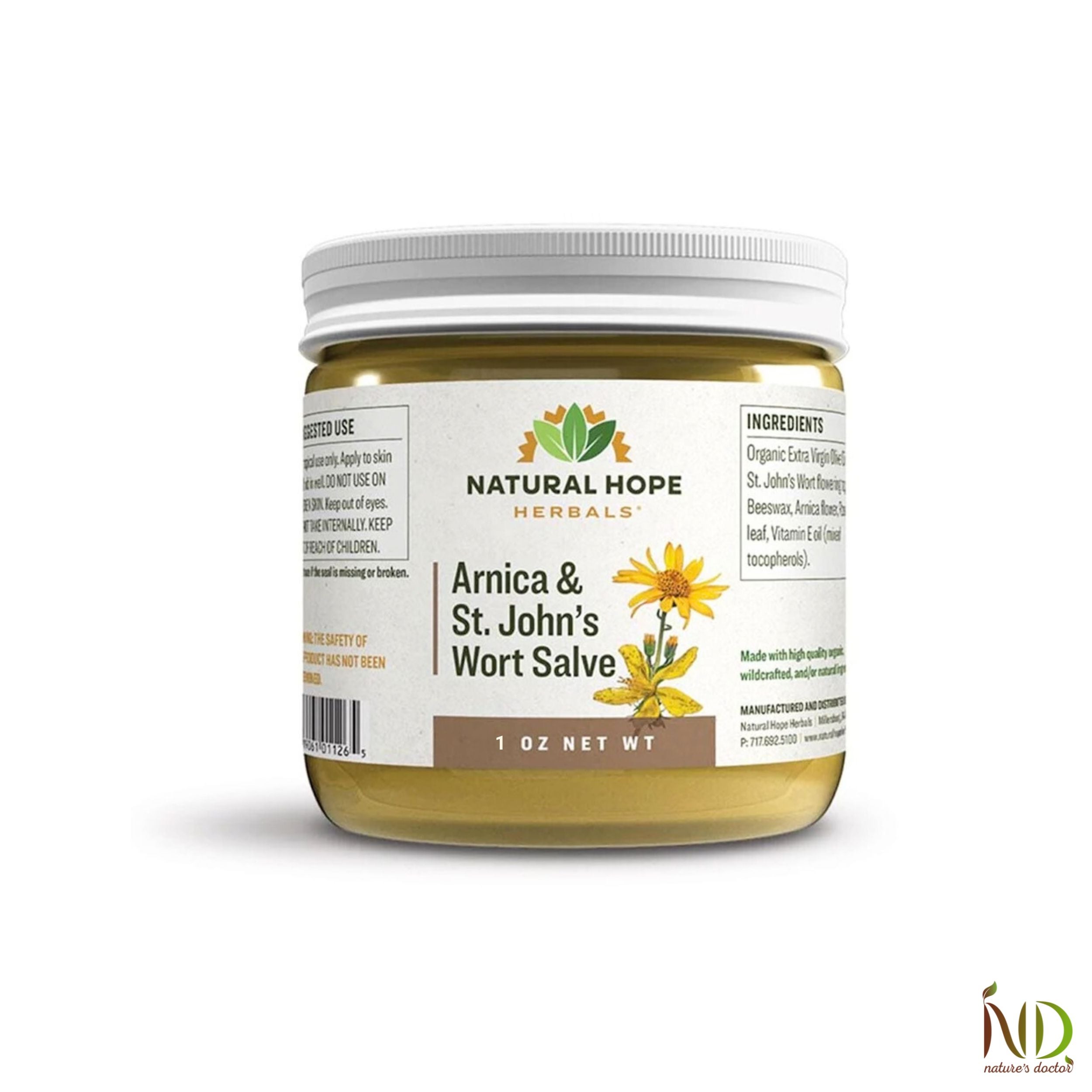 Natural Hope Herbals Arnica & St. John’s Wort Salve in 1 oz jar for natural skin relief, containing organic ingredients like beeswax, arnica flower, and vitamin E.