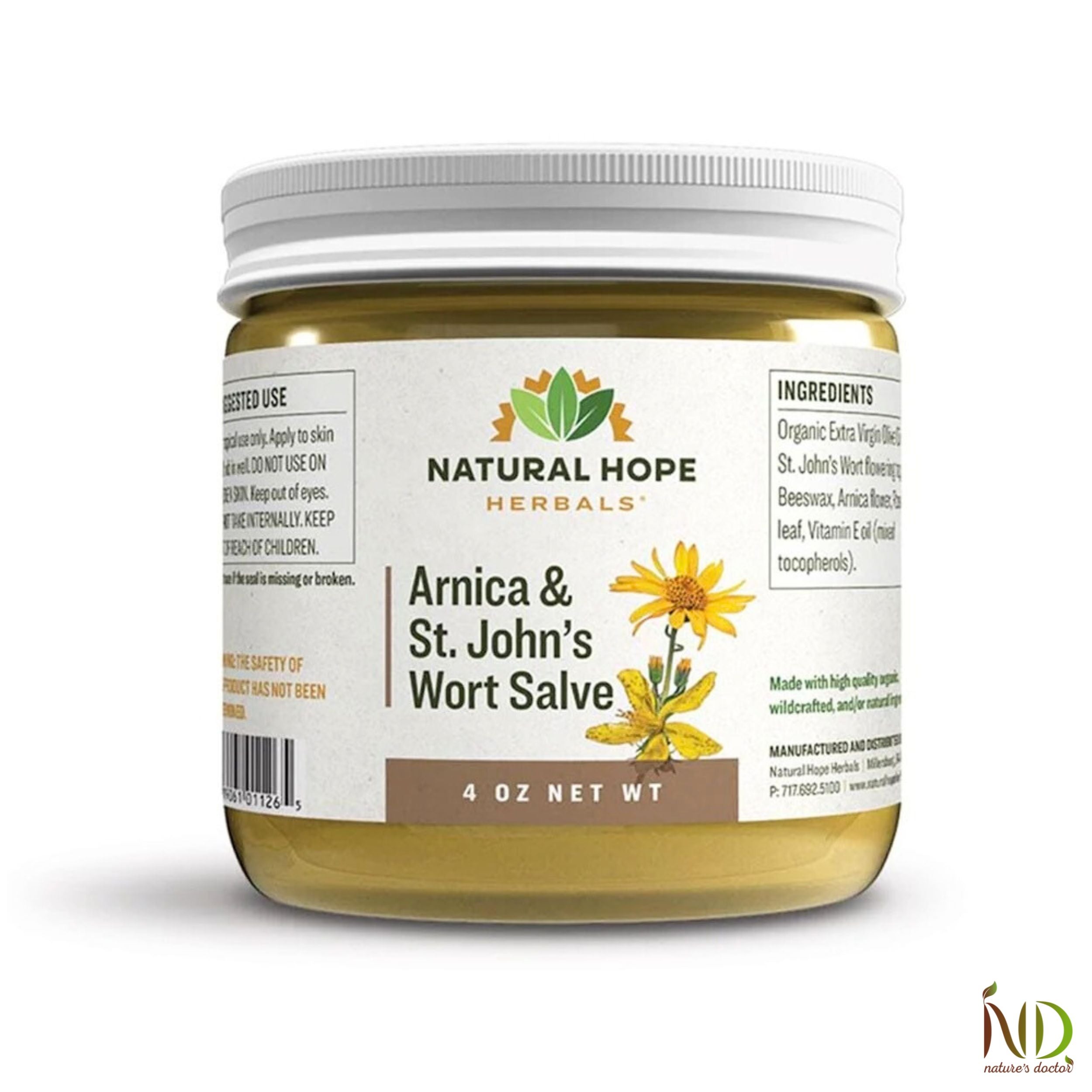 Natural Hope Herbals Arnica & St. John’s Wort Salve in 4 oz jar for natural skin relief, containing organic ingredients like beeswax, arnica flower, and vitamin E.