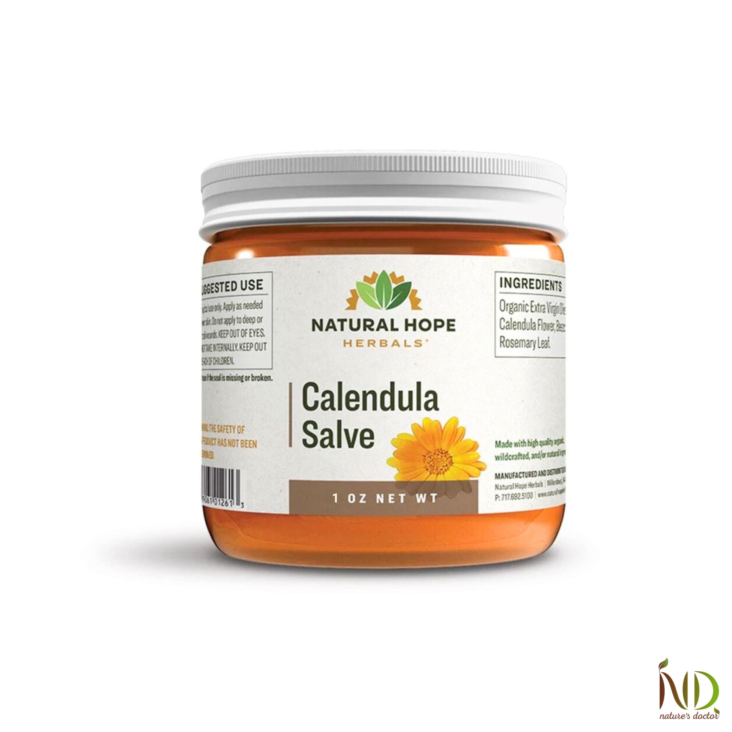 Natural Hope Herbals Calendula Salve in 1 oz jar, made with organic calendula flowers and beeswax for soothing skin relief and healing.