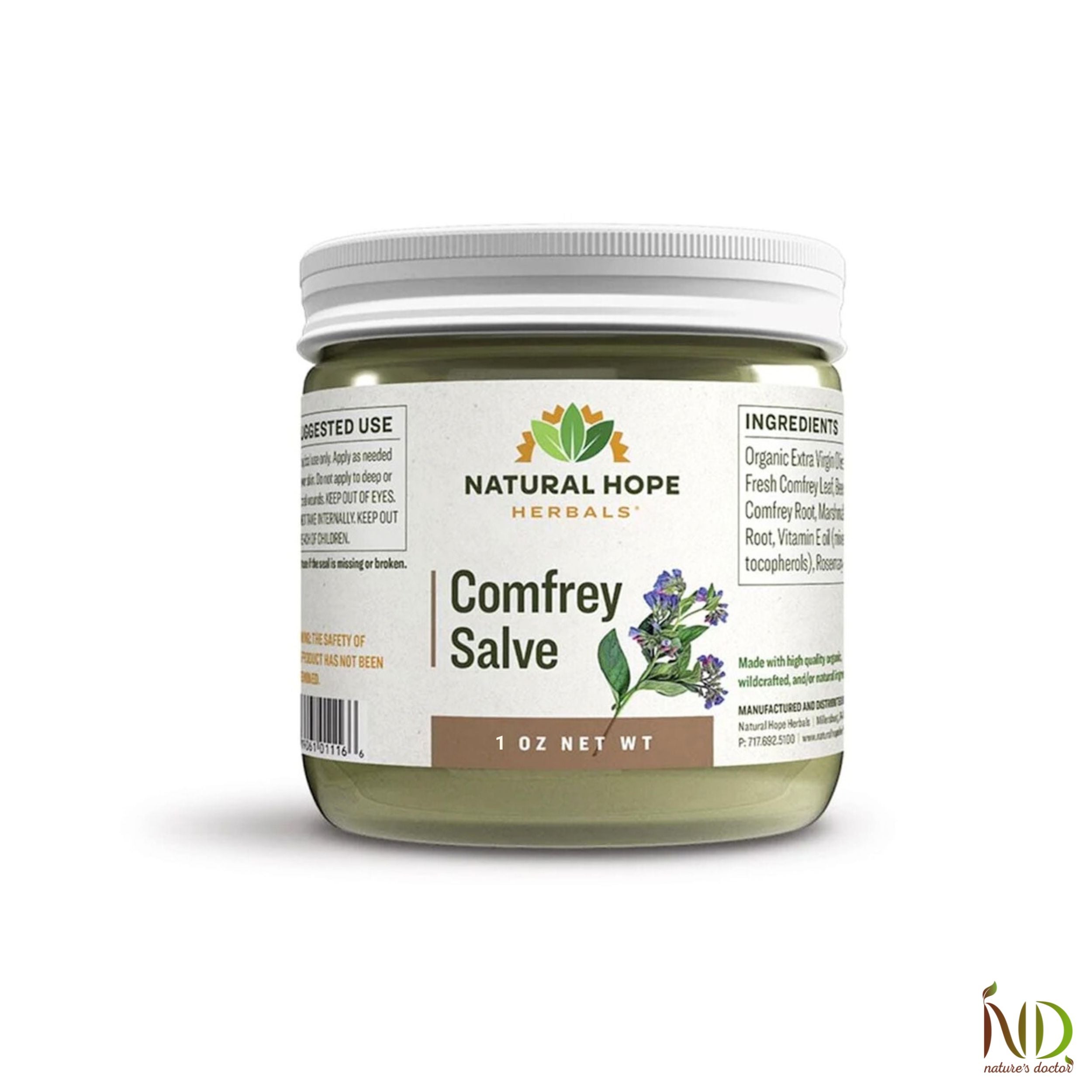 Natural Hope Herbals Comfrey Salve in 1 oz jar, made with organic comfrey for soothing skin relief and promoting natural healing.