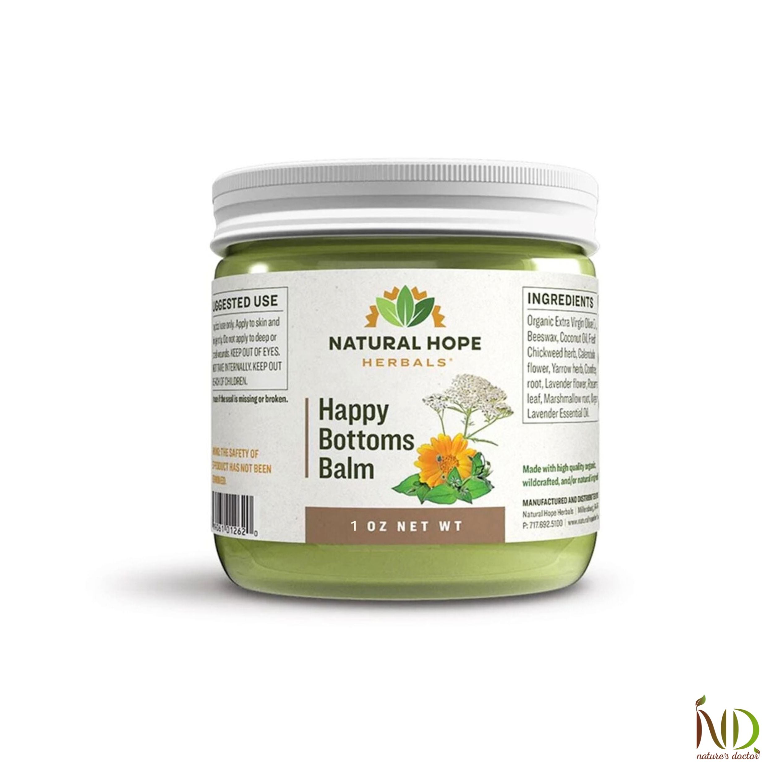 Natural Hope Herbals Happy Bottoms Balm in 1 oz jar, designed with organic ingredients to soothe and protect sensitive skin.