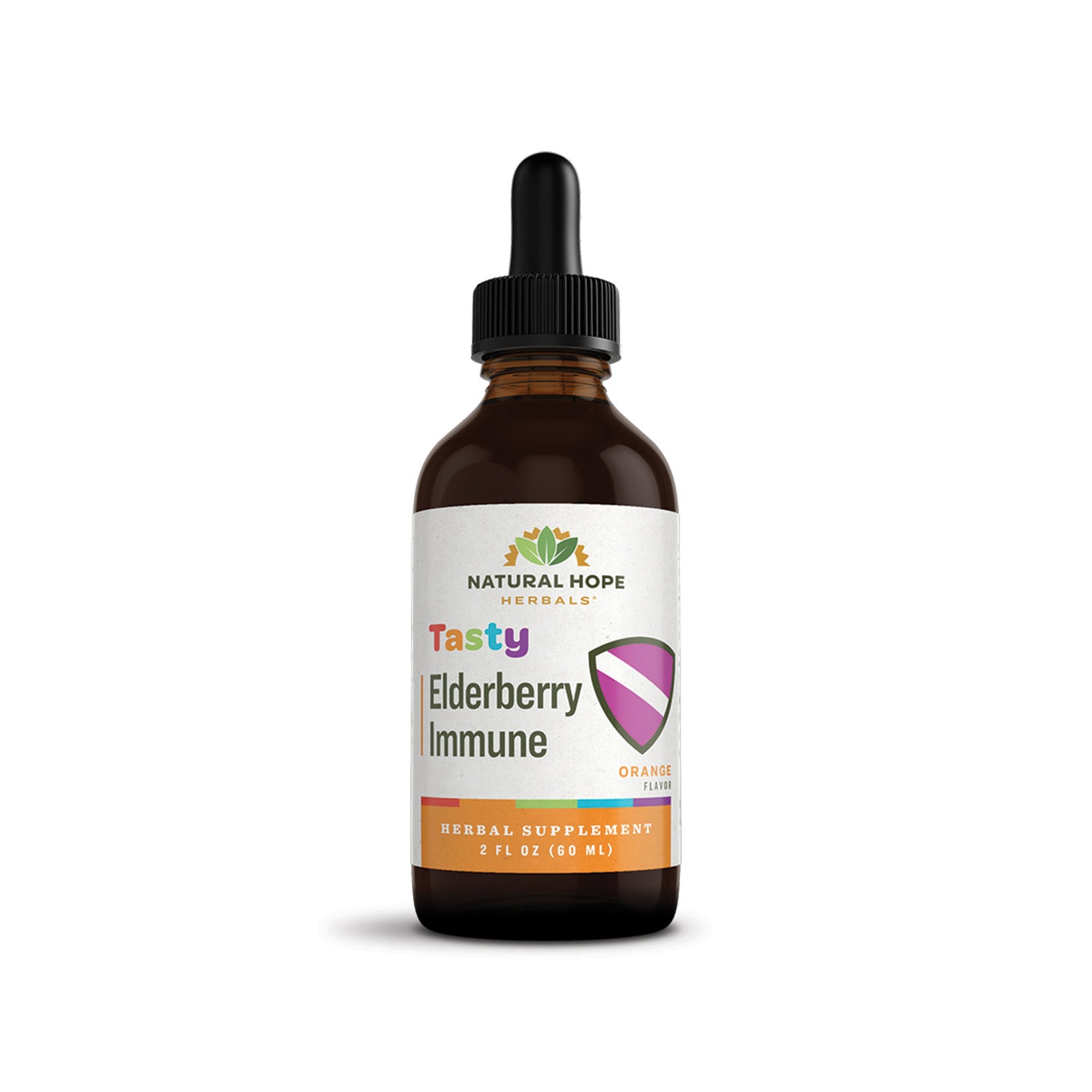 Natural Hope Herbals Tasty Elderberry Immune herbal supplement in a 2 fl oz (60 ml) dropper bottle, orange flavor for immune health.