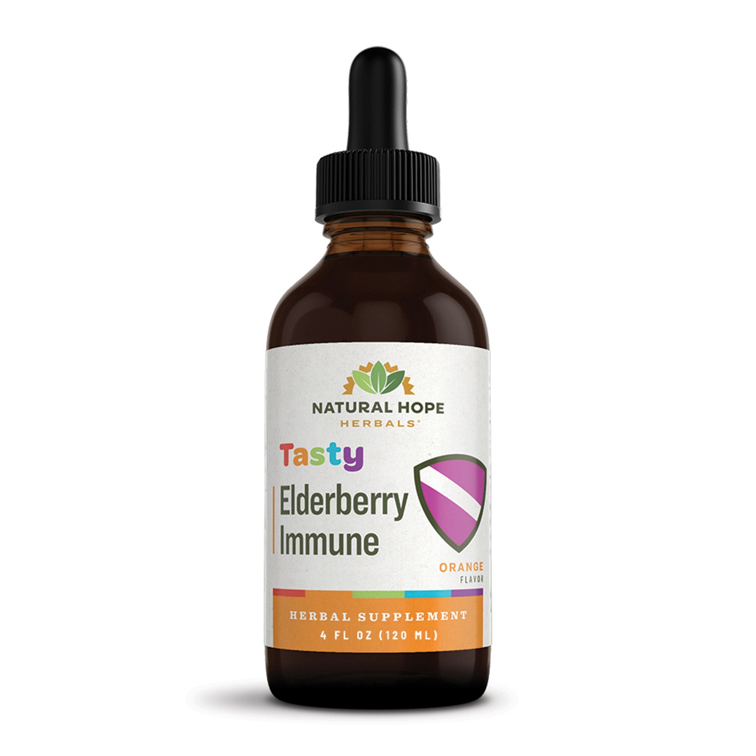 Natural Hope Herbals Tasty Elderberry Immune herbal supplement in a 4 fl oz (120 ml) dropper bottle, orange flavor for immune health.