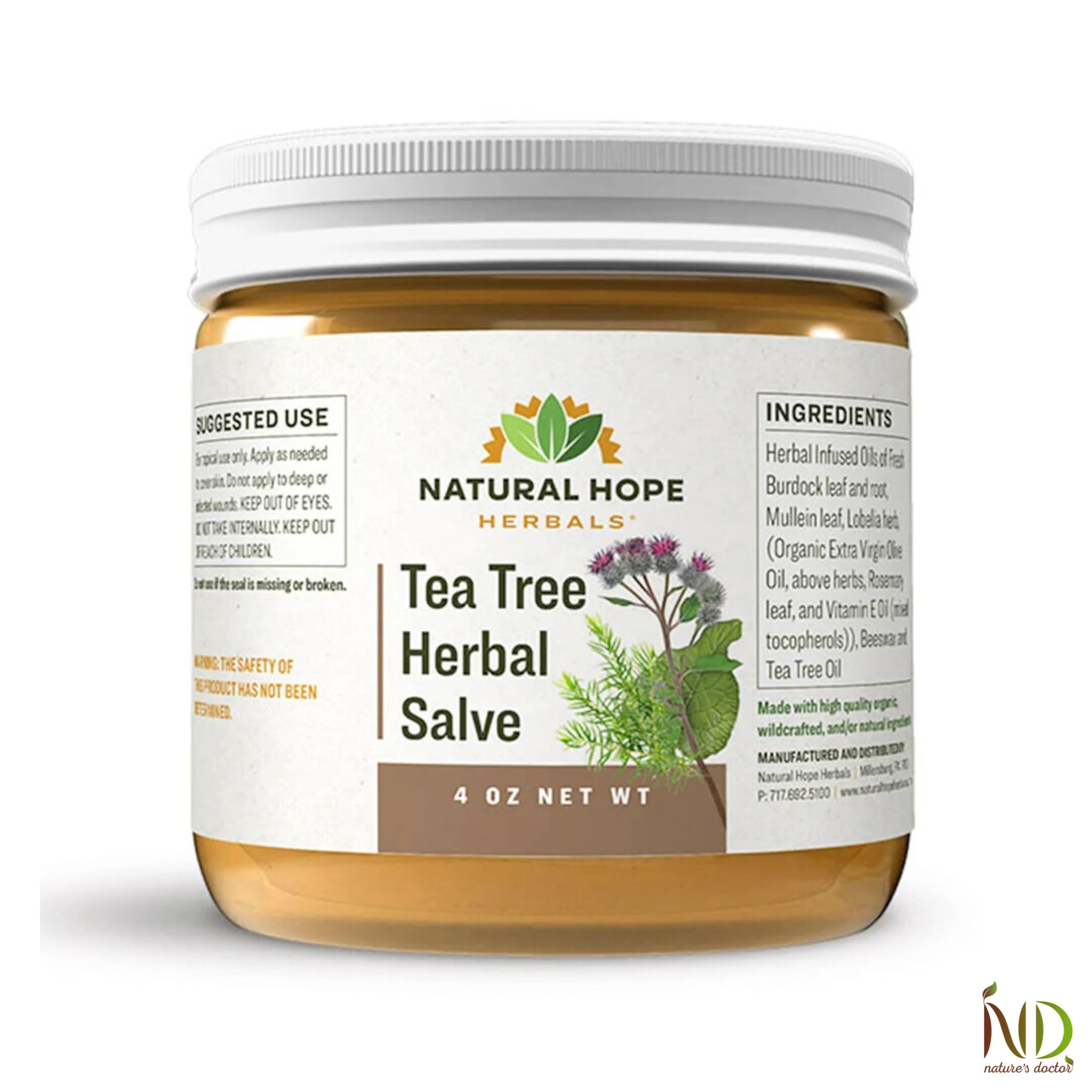 Natural Hope Herbals Tea Tree Herbal Salve in a 4 oz jar, featuring tea tree oil for natural skin care support.