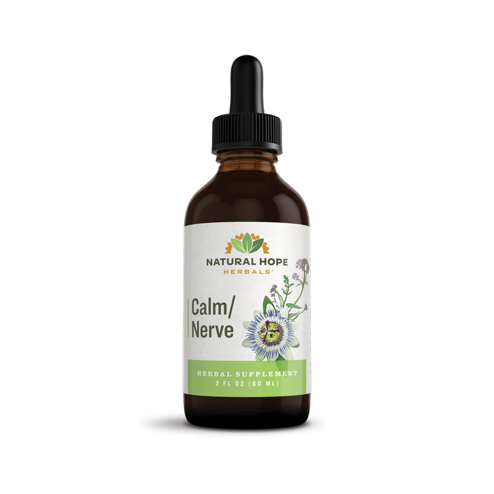 Natural Hope Herbals Calm/Nerve herbal supplement in a 2 fl oz (60 mL) amber glass dropper bottle. The label features botanical illustrations, including Passionflower, highlighting its calming and nerve-supporting herbal ingredients.