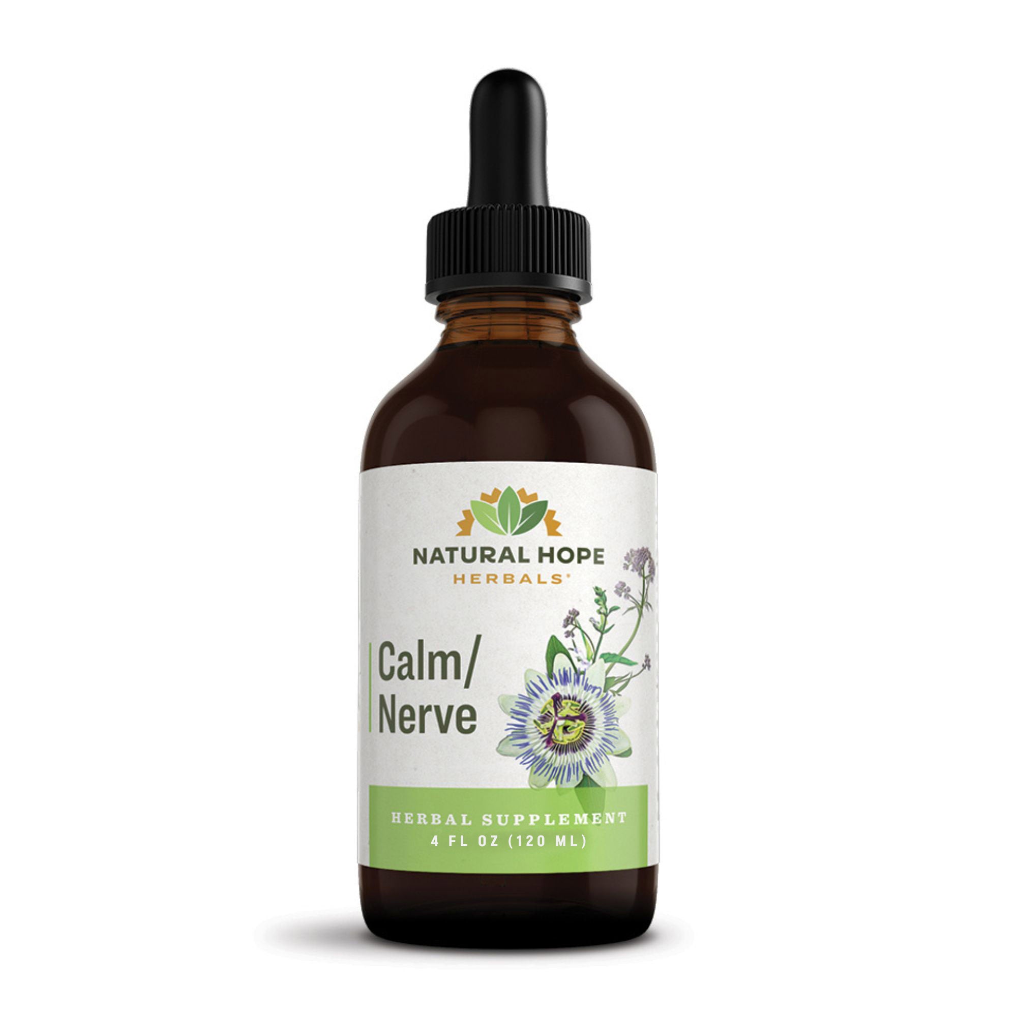 Natural Hope Herbals Calm/Nerve herbal supplement in a 4 fl oz (120 mL) amber glass dropper bottle. The label features botanical illustrations, including Passionflower, highlighting its calming and nerve-supporting herbal ingredients.