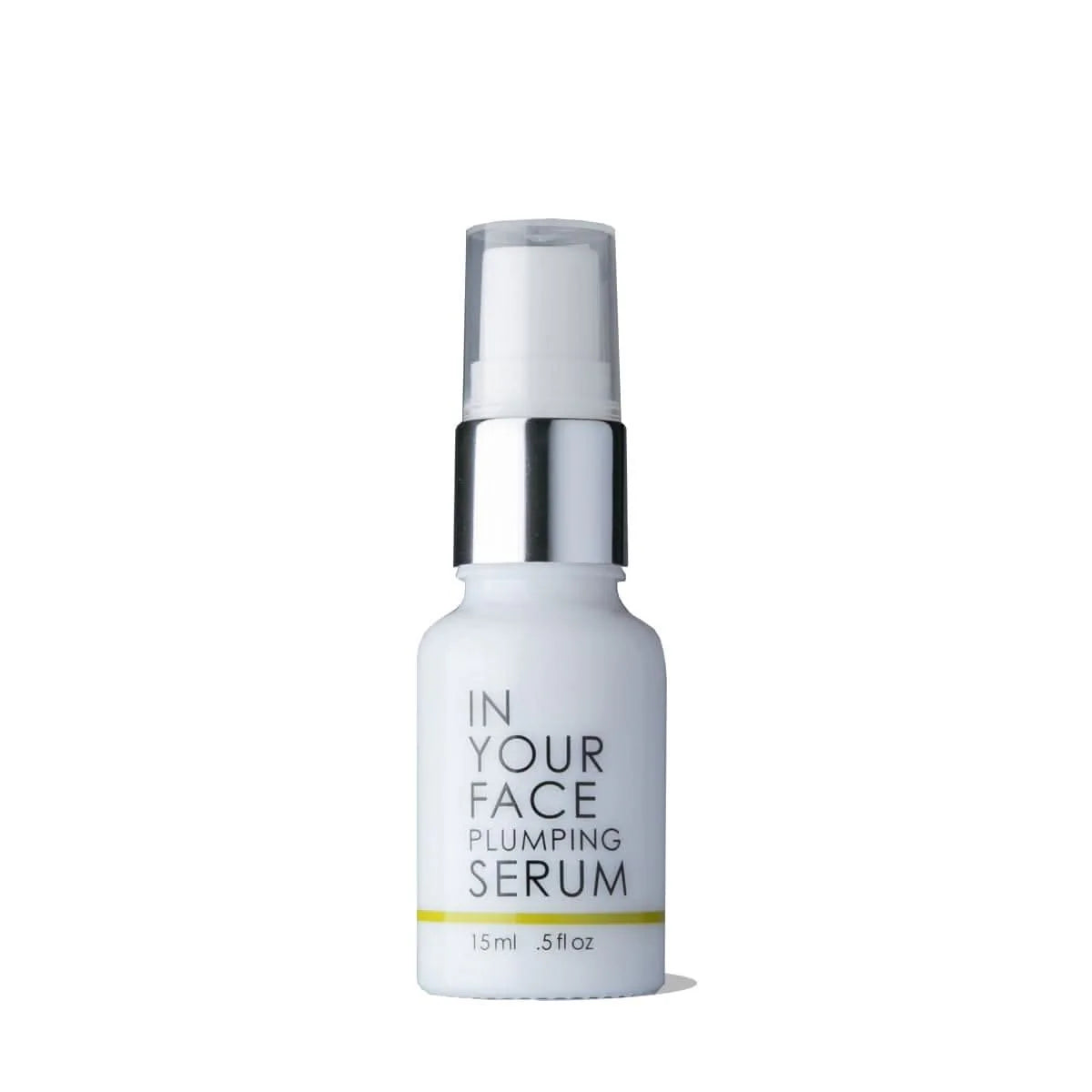 White serum bottle labeled 'In Your Face Plumping Serum' on a white background