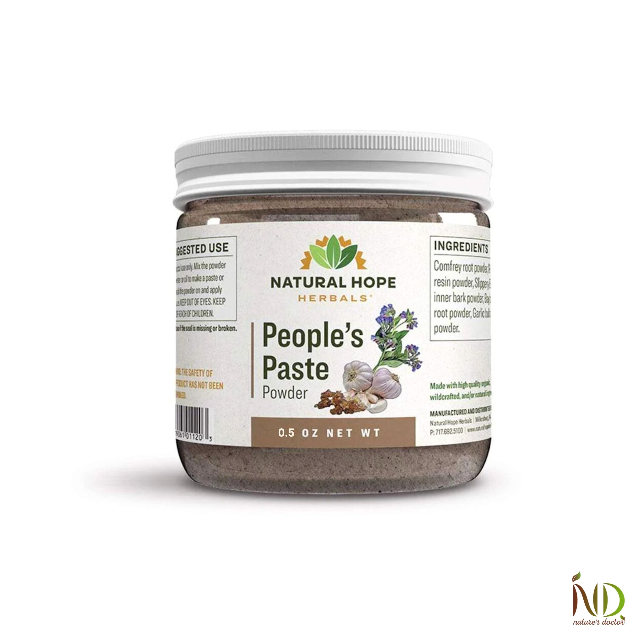 Natural Hope Herbals People’s Paste powder in a 0.5 oz jar, formulated with various herbal ingredients for topical application.