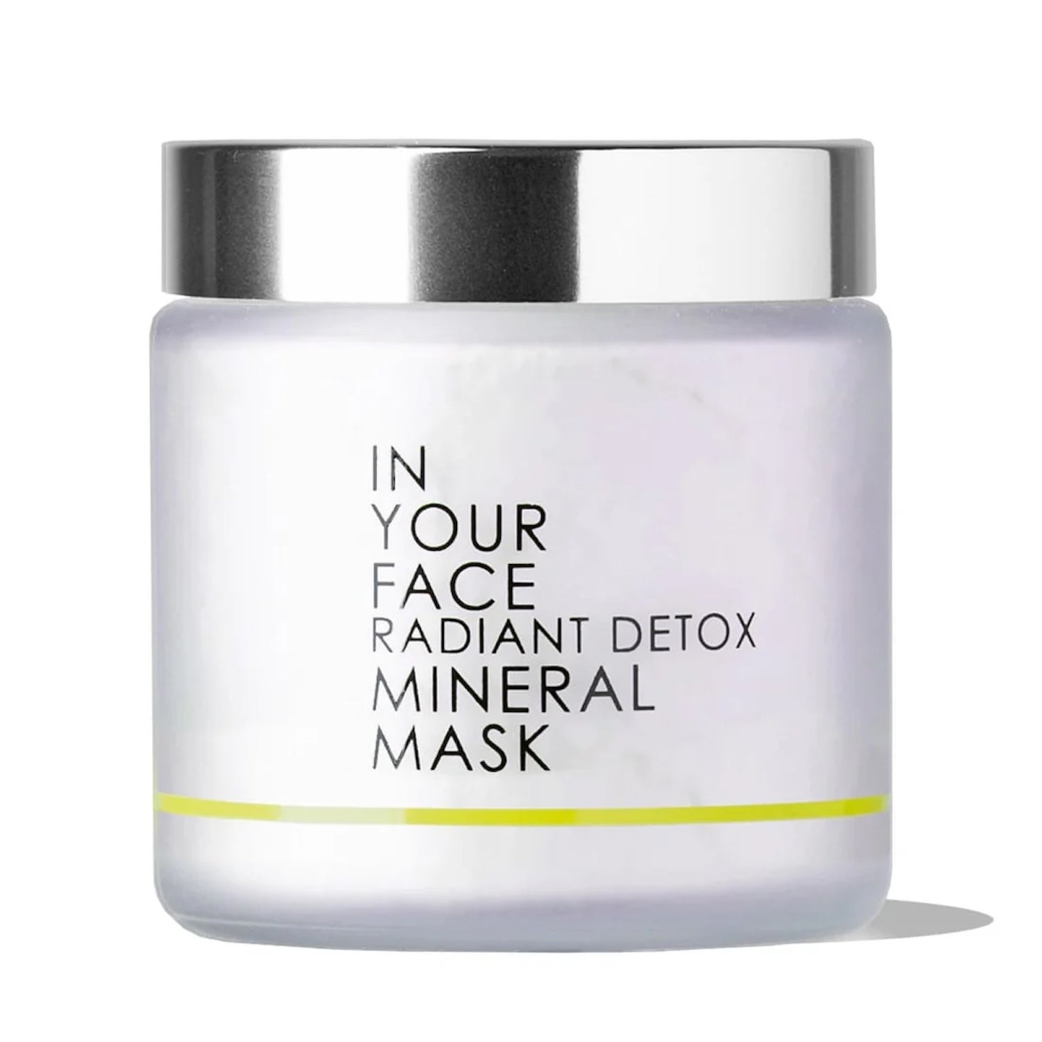 Glass jar of In Your Face Radiant Detox Mineral Mask featuring a luxurious blend of detoxifying minerals for a glowing and refreshed complexion.