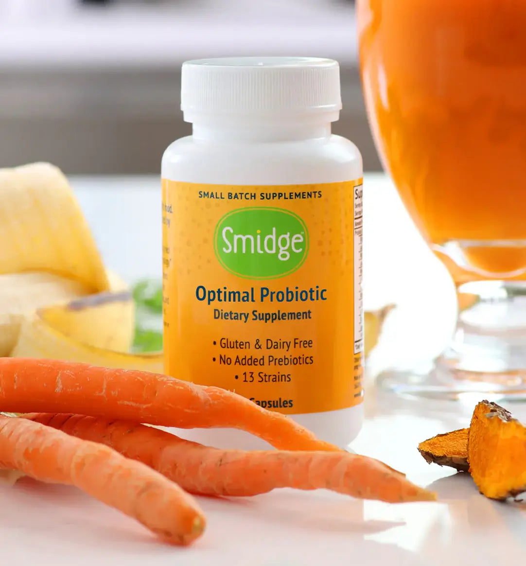 Smidge Optimal Probiotic dietary supplement bottle with carrots, turmeric, banana, and juice – gluten and dairy free, 13 probiotic strains