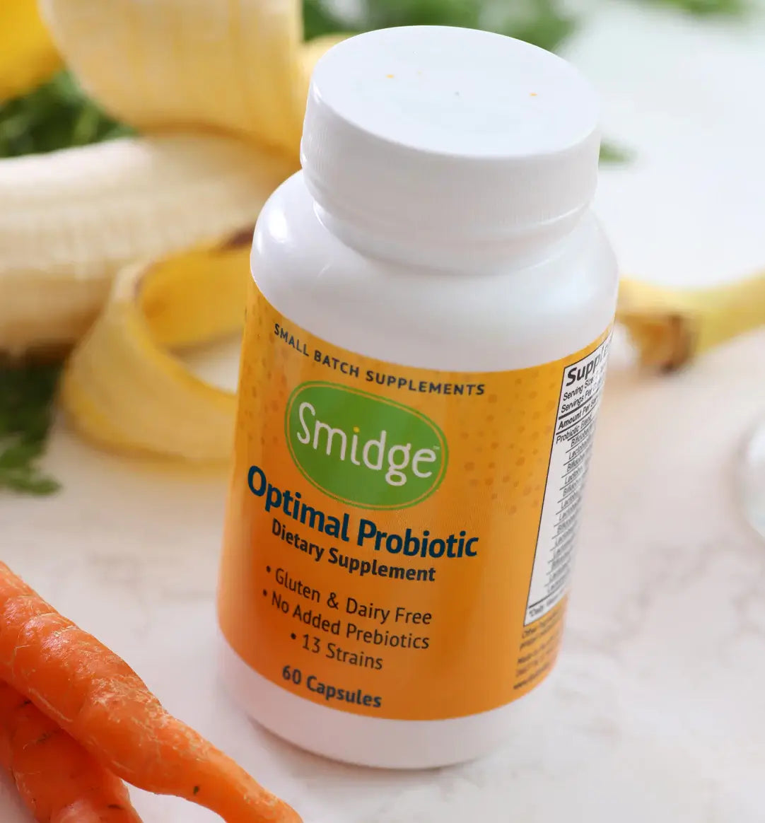 Smidge Optimal Probiotic dietary supplement bottle with 60 capsules – gluten and dairy free, no added prebiotics, 13 probiotic strains