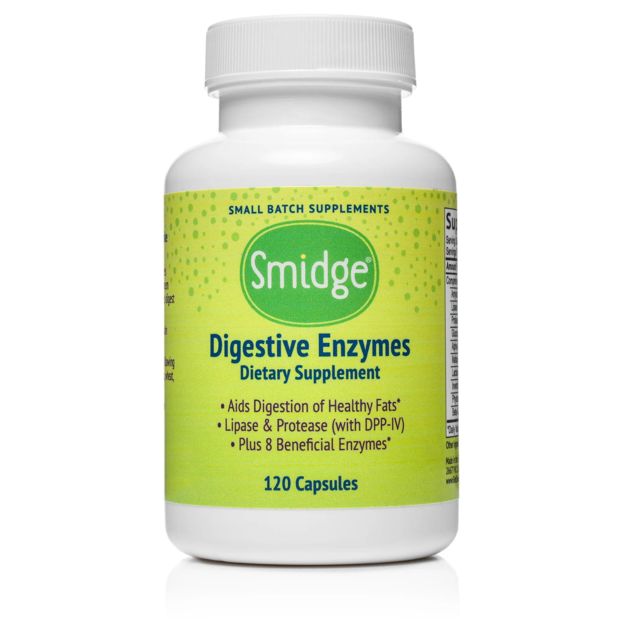 Smidge Digestive Enzymes dietary supplement in a bottle containing 120 capsules, formulated to aid digestion with beneficial enzymes.