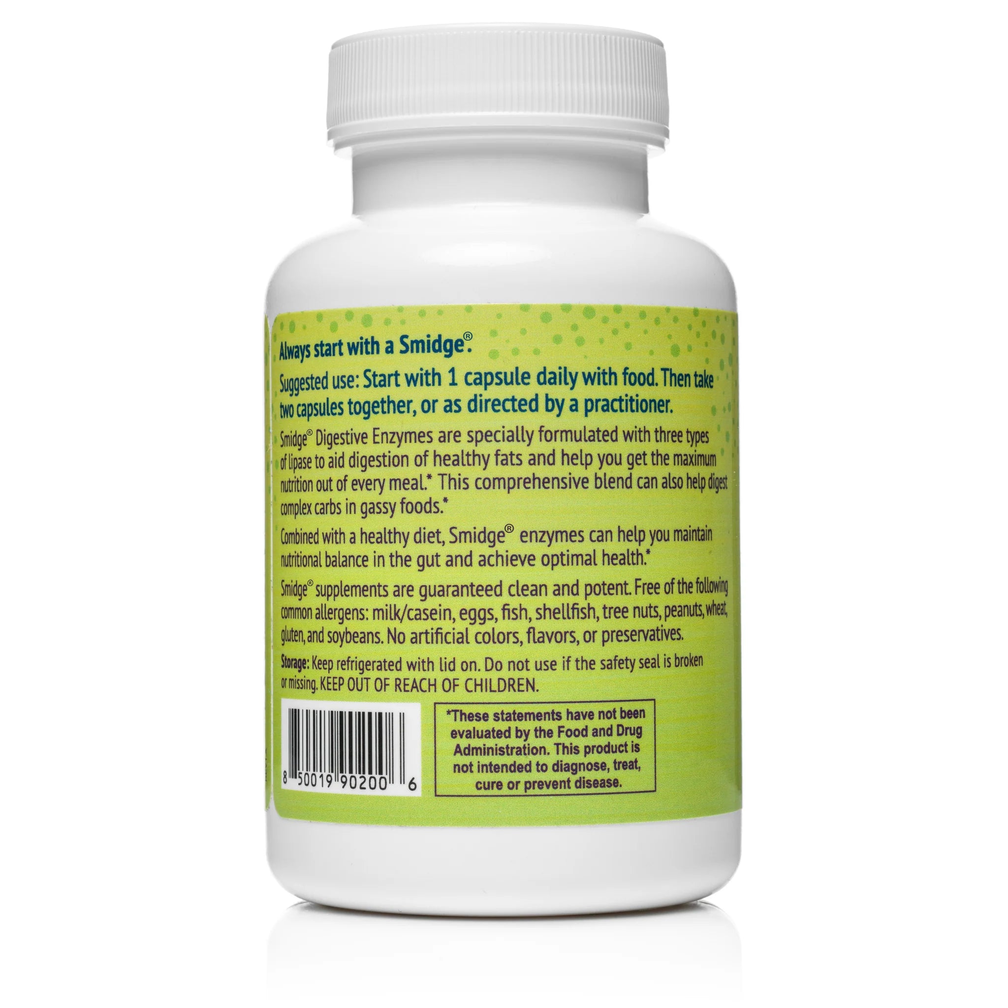 Smidge Digestive Enzymes dietary supplement in a bottle containing 120 capsules, formulated to aid digestion with beneficial enzymes.