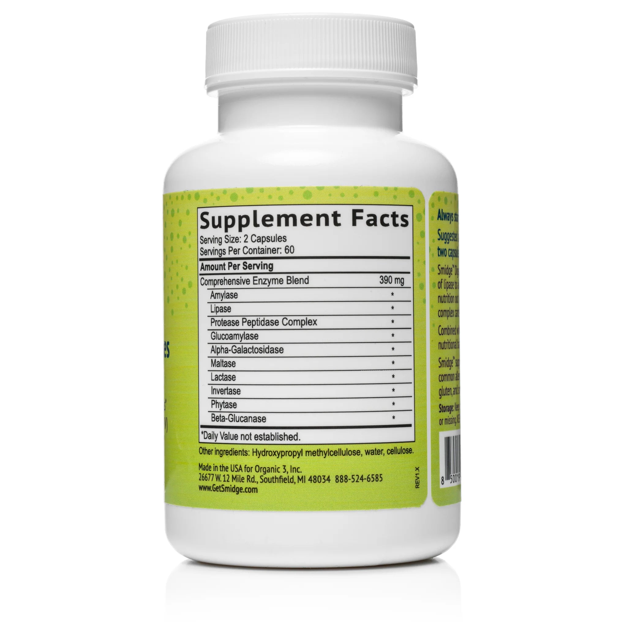 Smidge Digestive Enzymes dietary supplement in a bottle containing 120 capsules, formulated to aid digestion with beneficial enzymes.