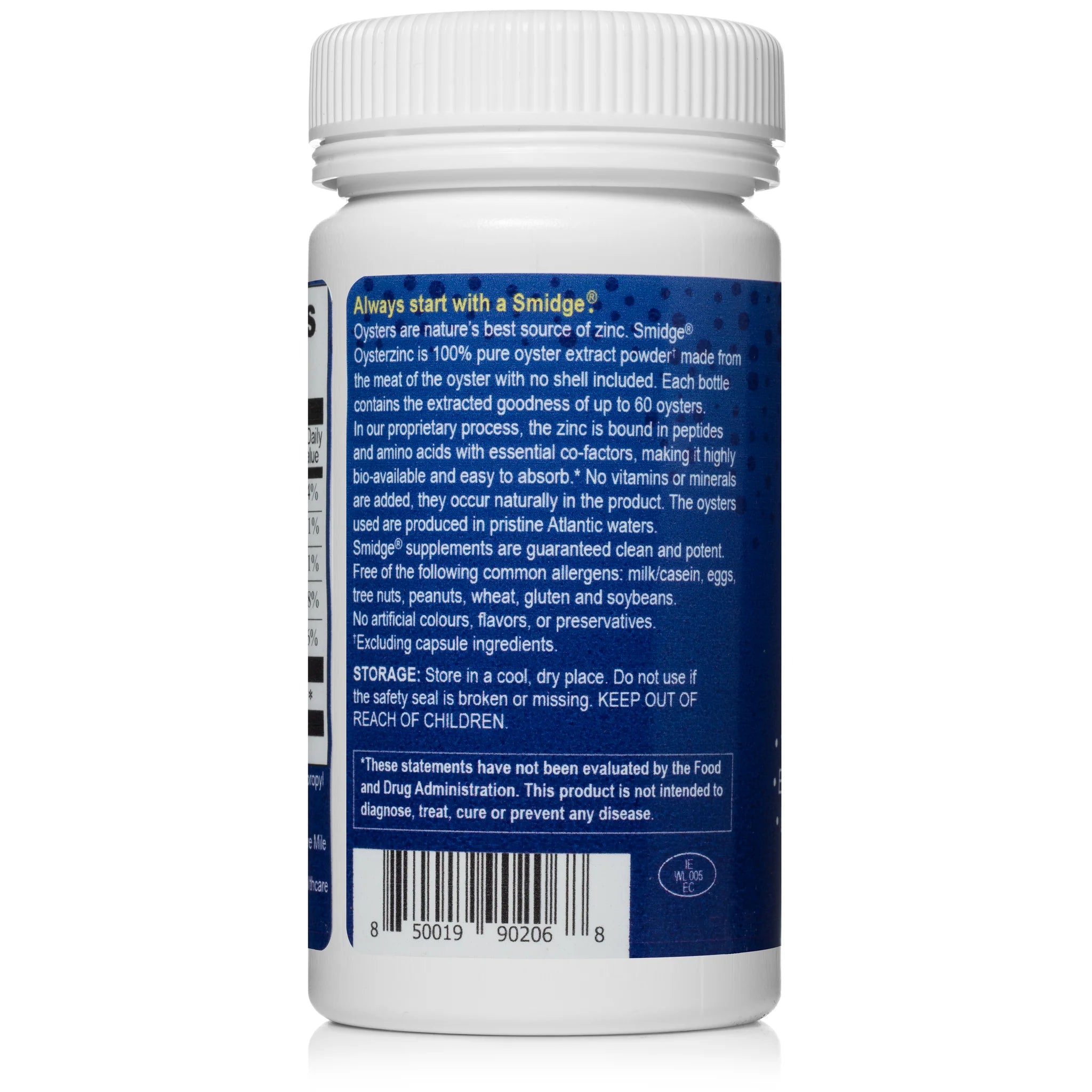 Smidge Oysterzinc dietary supplement in a 120-capsule bottle, made from 100% oyster extract powder, providing zinc and copper.