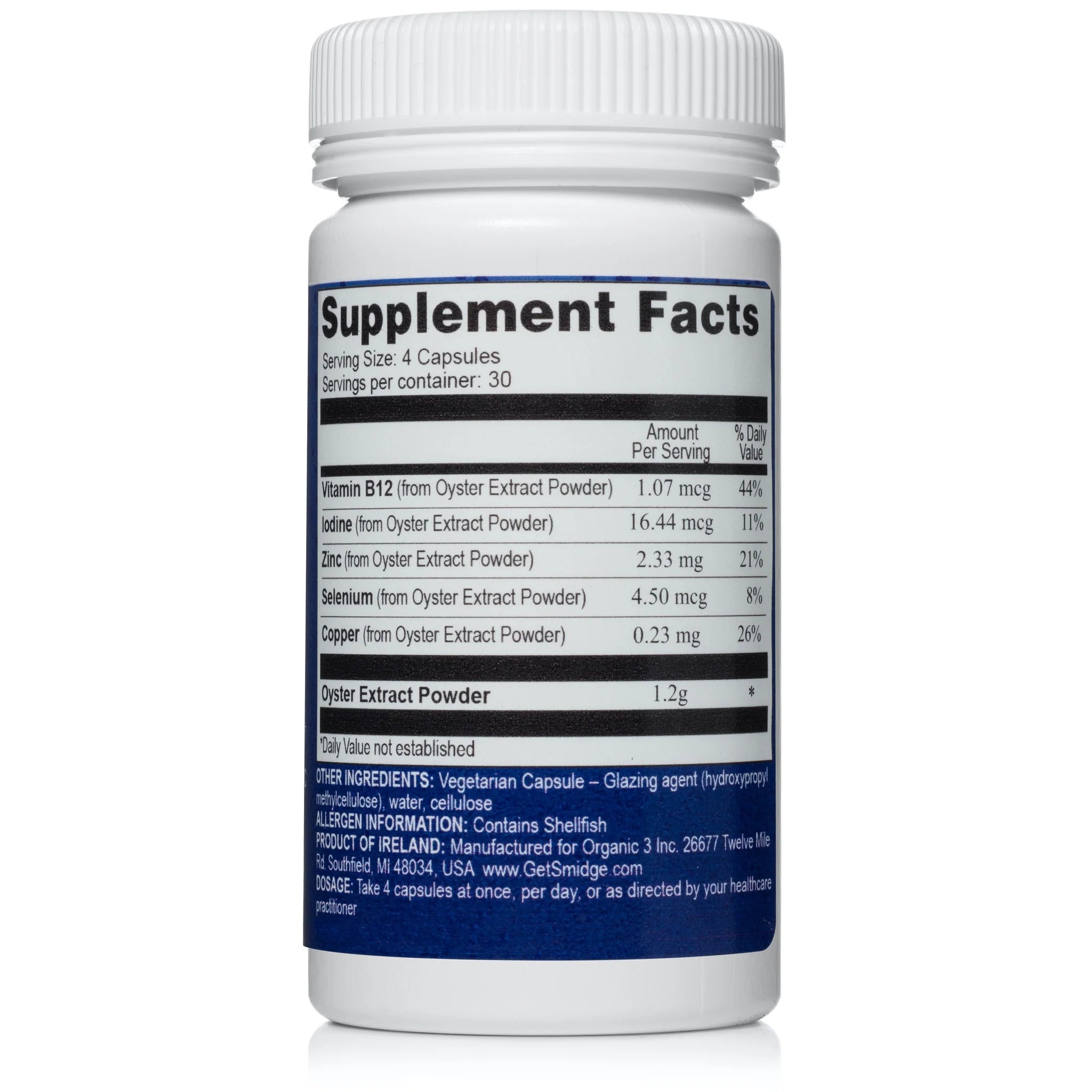 Smidge Oysterzinc dietary supplement in a 120-capsule bottle, made from 100% oyster extract powder, providing zinc and copper.