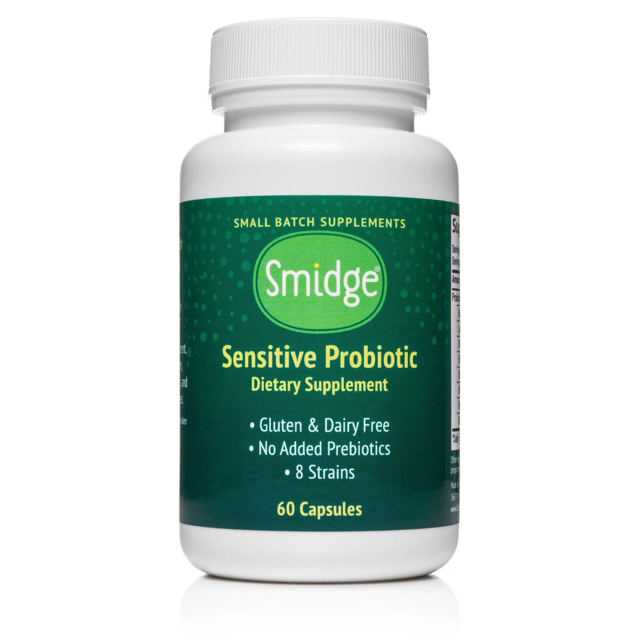 Smidge Sensitive Probiotic Capsules in a 60-capsule bottle, gluten and dairy-free, with no added prebiotics and 8 probiotic strains.