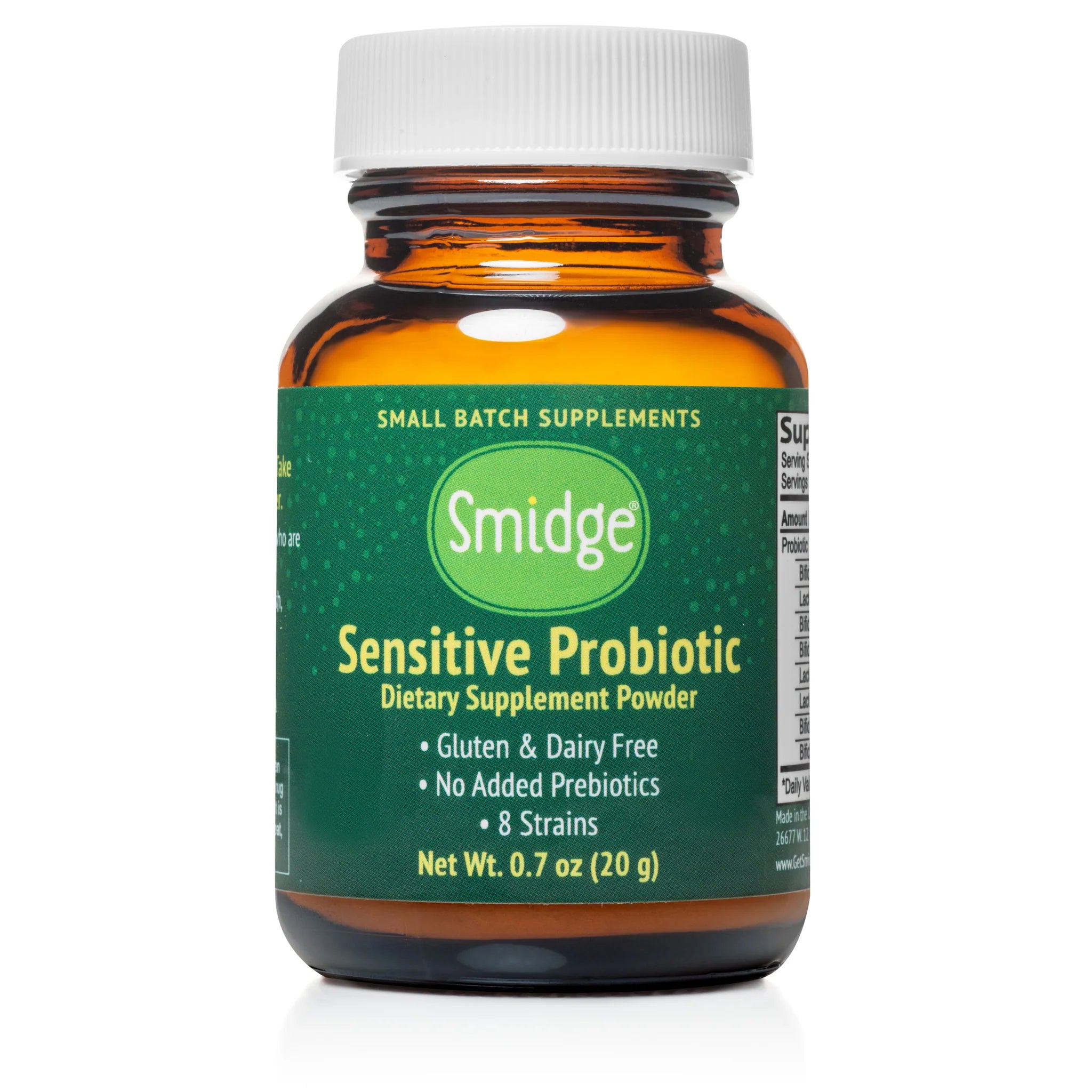 Smidge Sensitive Probiotic Powder in a 0.7 oz (20 g) jar, gluten and dairy-free, with 8 strains and no added prebiotics.