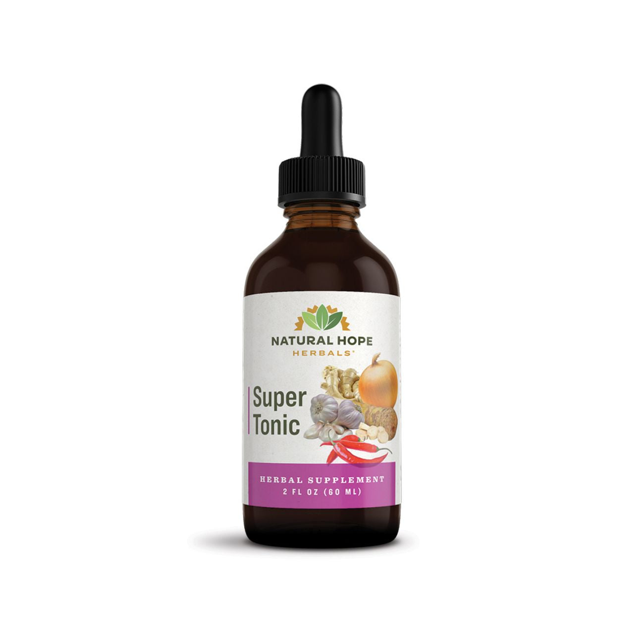 Natural Hope Herbals Super Tonic herbal supplement in a 2 fl oz (60 ml) dropper bottle, crafted to support overall wellness.