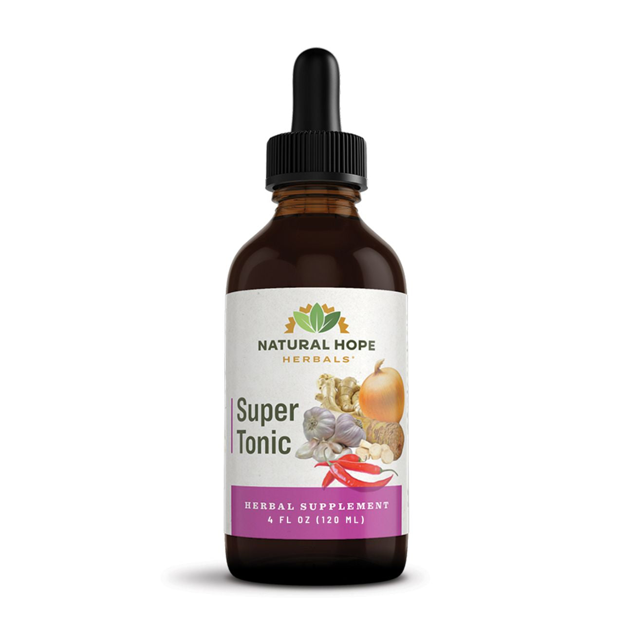 Natural Hope Herbals Super Tonic herbal supplement in a 4 fl oz (120 ml) dropper bottle, crafted to support overall wellness.