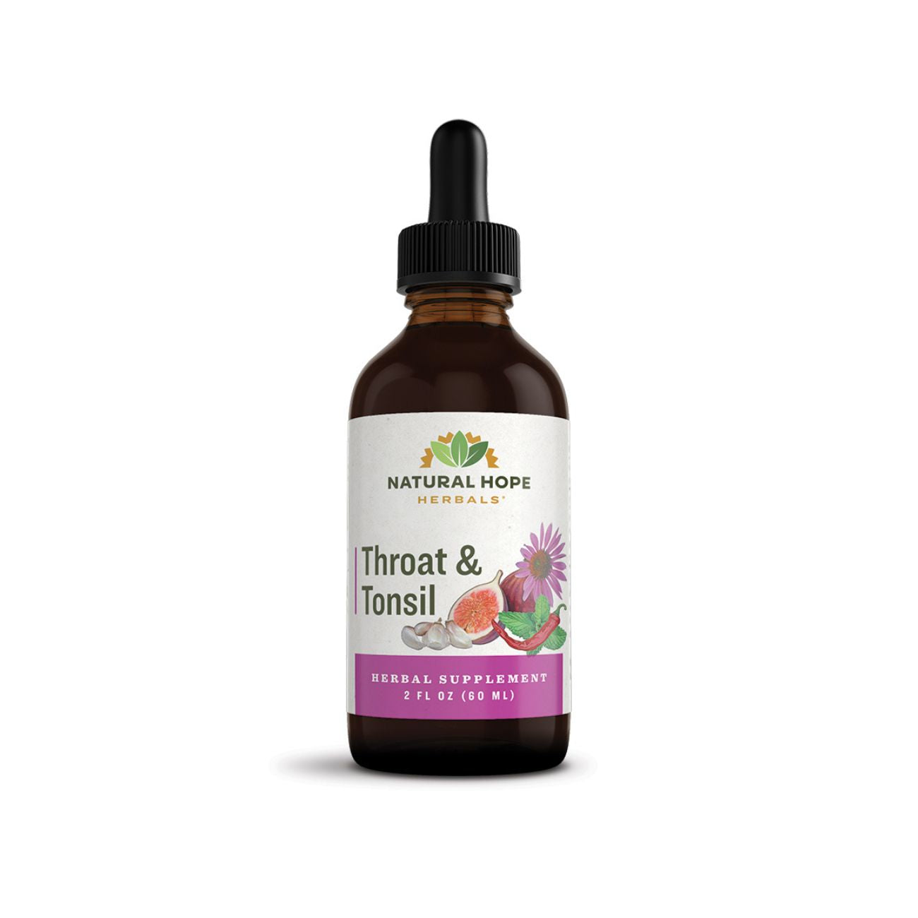 Natural Hope Herbals Throat & Tonsil herbal supplement in a 2 fl oz (60 ml) dropper bottle, designed to soothe throat discomfort.