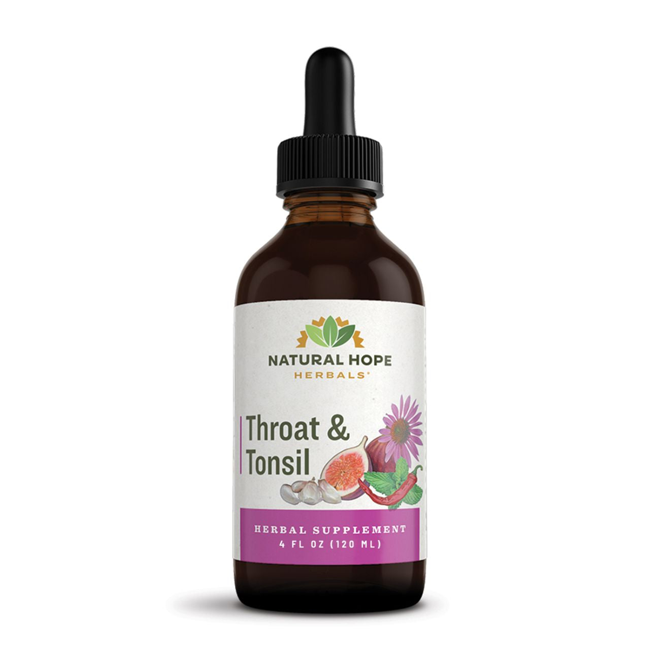 Natural Hope Herbals Throat & Tonsil herbal supplement in a 4 fl oz (120 ml) dropper bottle, designed to soothe throat discomfort.