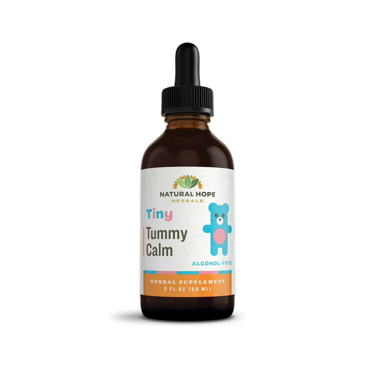 Natural Hope Herbals Tiny Tummy Calm herbal supplement in a 2 fl oz (60 ml) dropper bottle, alcohol-free and formulated for digestive comfort.