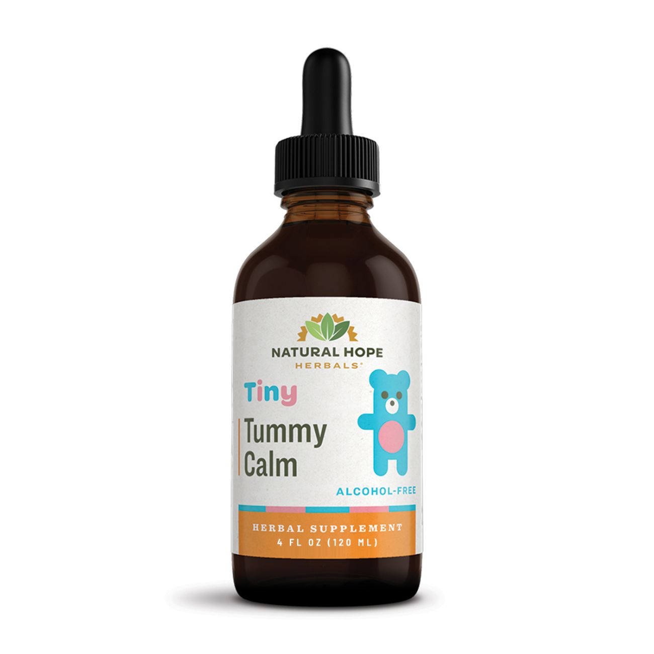 Natural Hope Herbals Tiny Tummy Calm herbal supplement in a 4 fl oz (120 ml) dropper bottle, alcohol-free and formulated for digestive comfort.