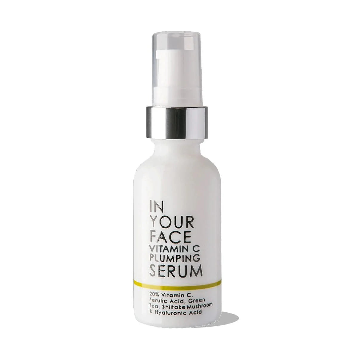 A white bottle with a pump dispenser labeled 'In Your Face VITAMIN C PLUMPING SERUM', indicating the product is a cosmetic serum for the face and contains vitamin C.