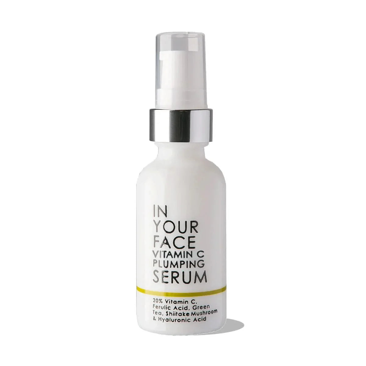 White serum bottle with black text on a white background