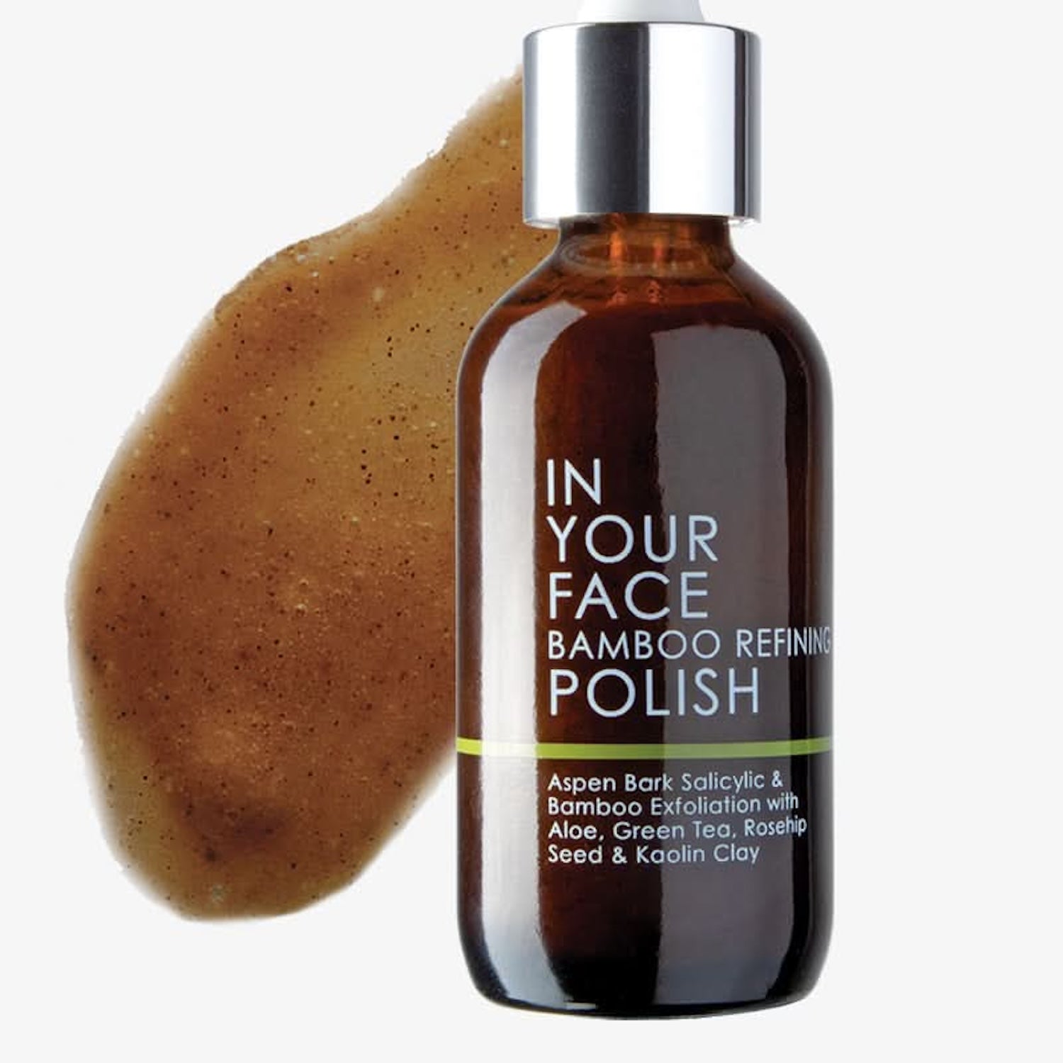 Bottle of 'In Your Face Bamboo Refining Polish' with a brown exfoliant on a white background