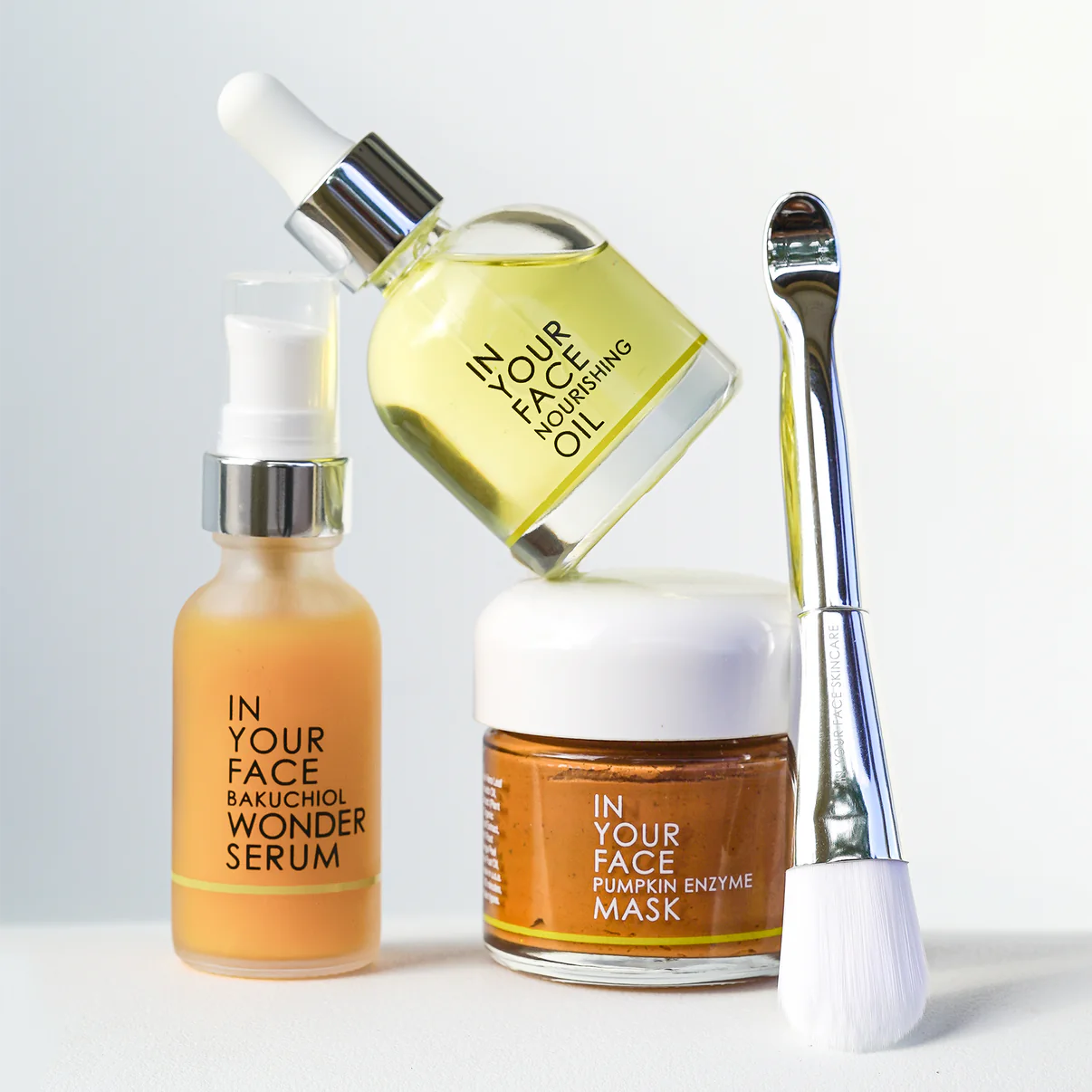 In Your Face Skincare Ageless Trio – Bakuchiol Wonder Serum, Nourishing Oil, and Pumpkin Enzyme Mask with brush